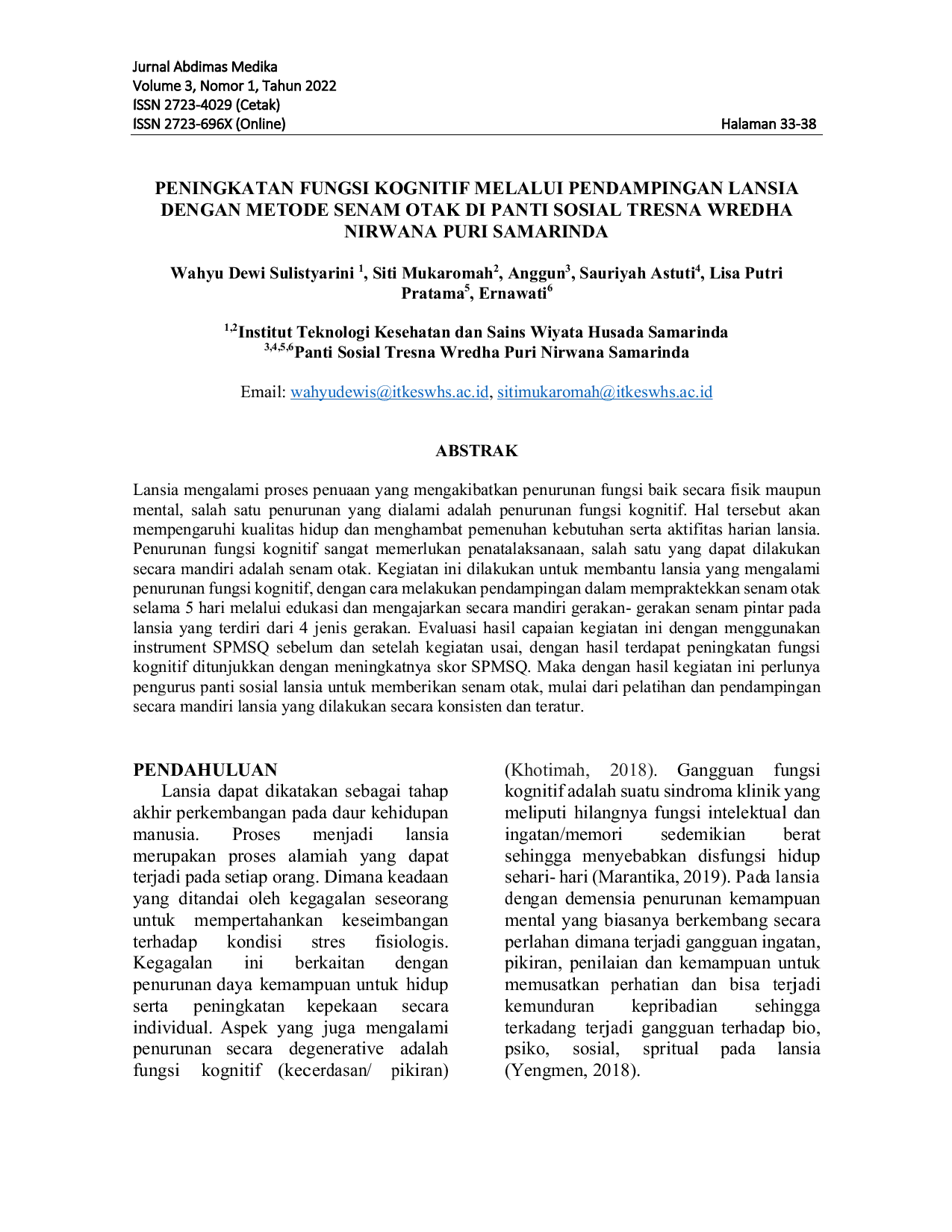 JURIS Peningkatan Fungsi Kognitif Melalui Pendampingan Lansia Dengan Metode Senam Otak Di Panti Sosial Tresna Wredha Nirwana Puri Samarinda