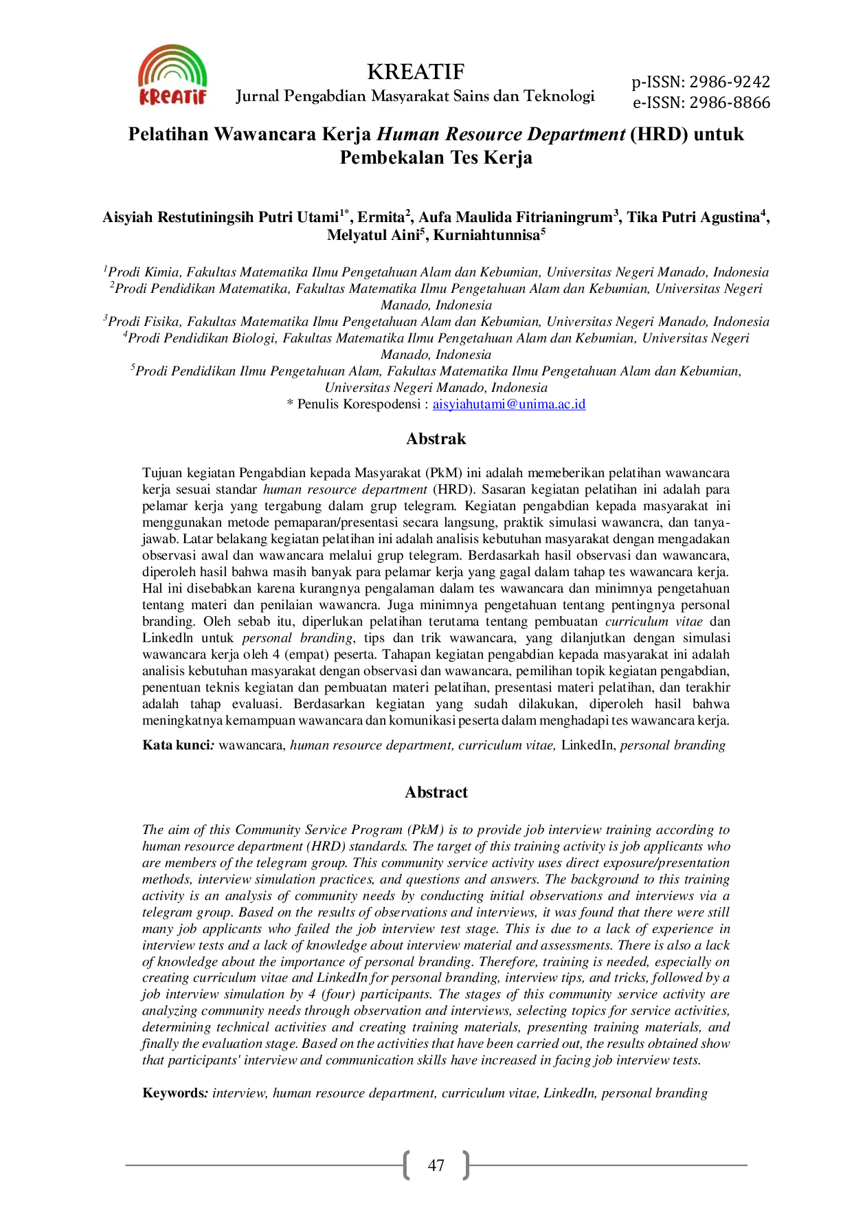 JURIS Pelatihan Wawancara Kerja Human Resource Department HRD untuk Pembekalan Tes Kerja