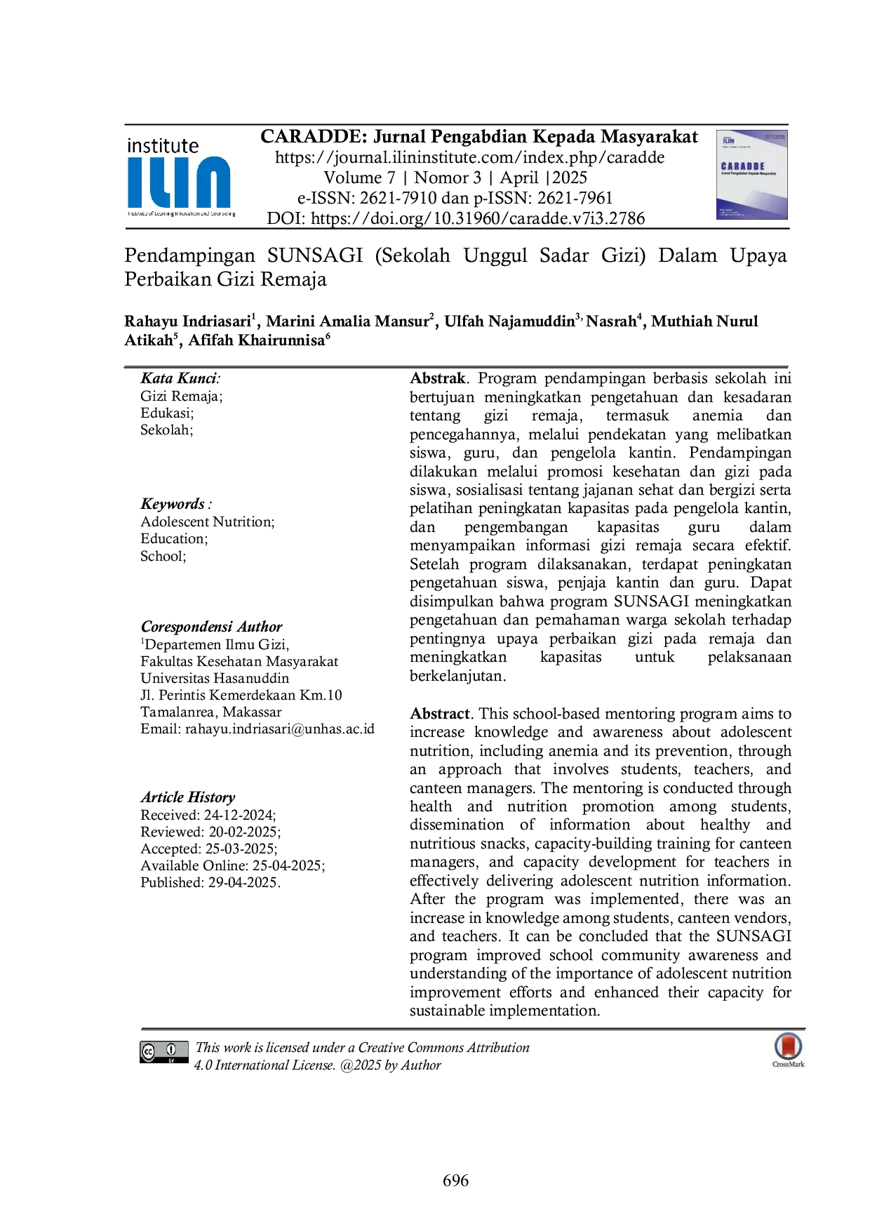 JURIS Pendampingan SUNSAGI Sekolah Unggul Sadar Gizi Dalam Upaya Perbaikan Gizi Remaja