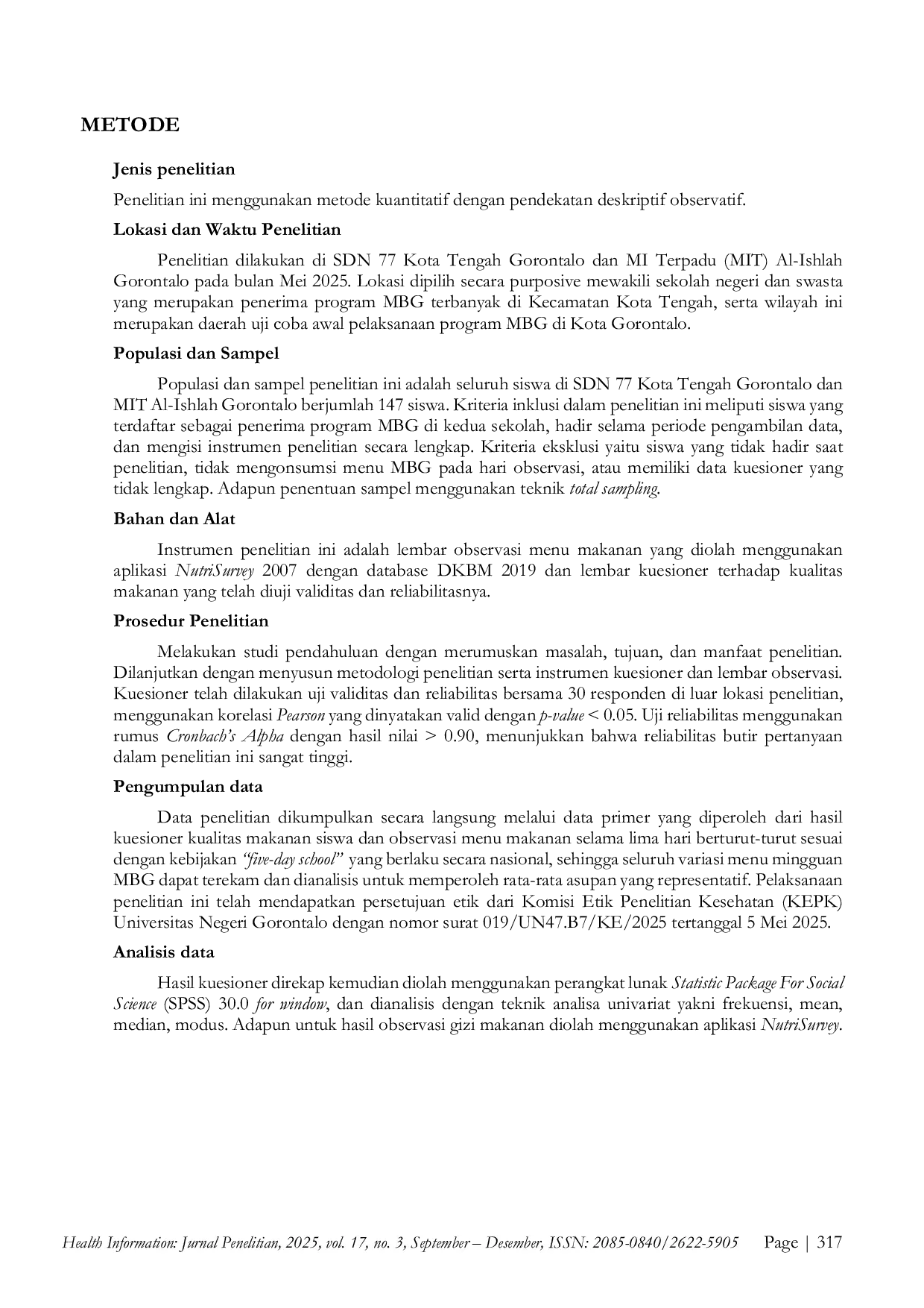 JURIS Quality and Nutritional Adequacy Review of the Free School Meal Program MBG for Elementary School Children in Gorontalo City