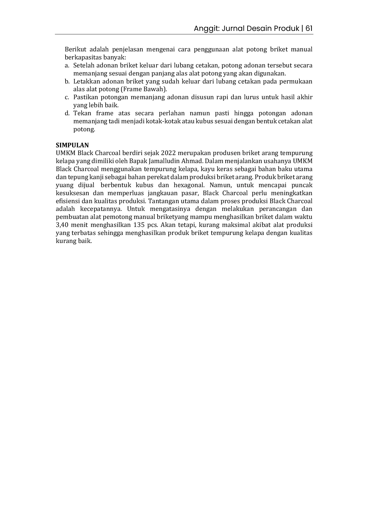 JURIS Perancangan Alat Pemotong Manual Briket Arang Tempurung Kelapa Bagi UMKM Black Charcoal
