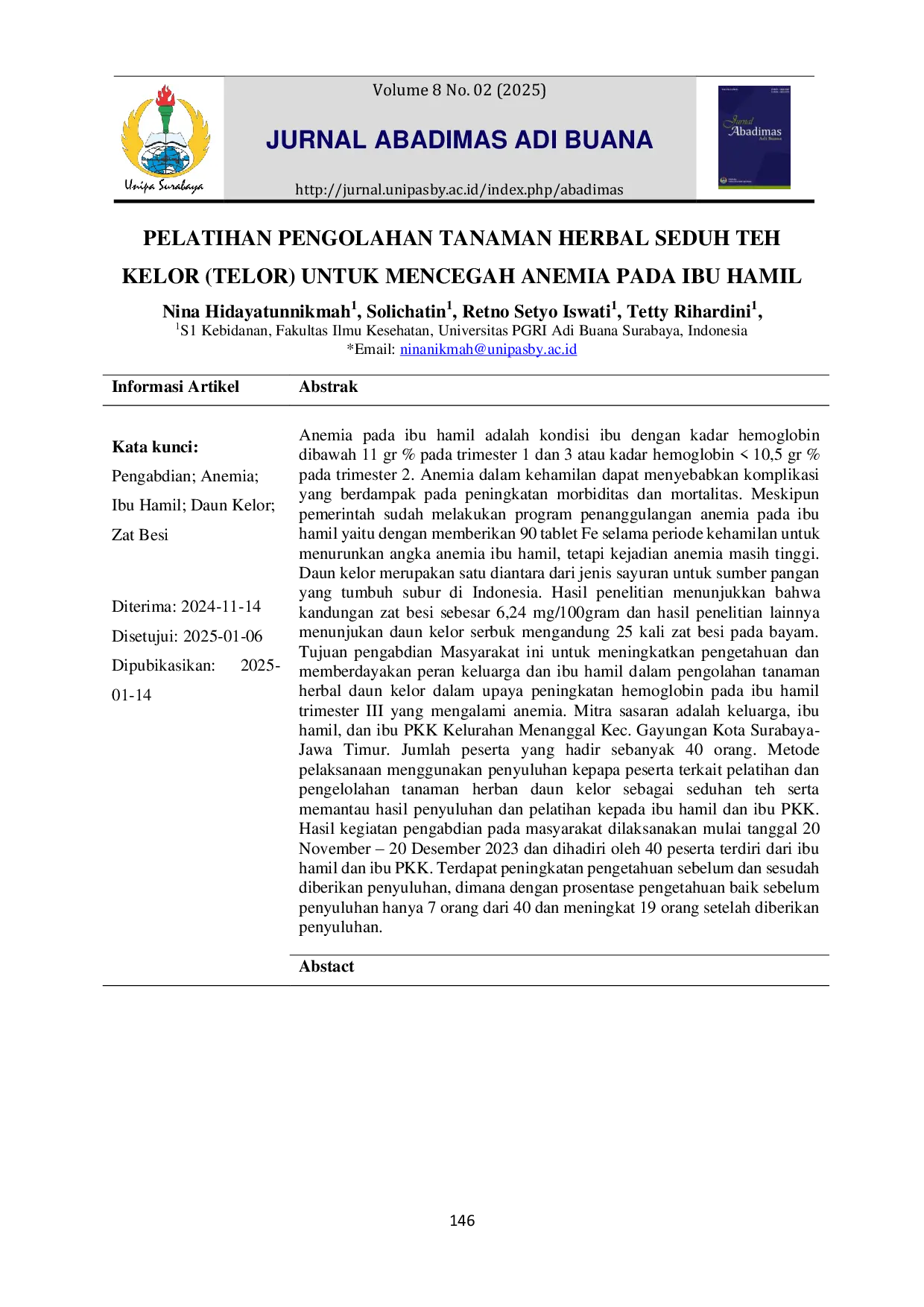 JURIS Pelatihan Pengolahan Tanaman Herbal Seduh Teh Kelor Telor Untuk Mencegah Anemia Pada Ibu Hamil
