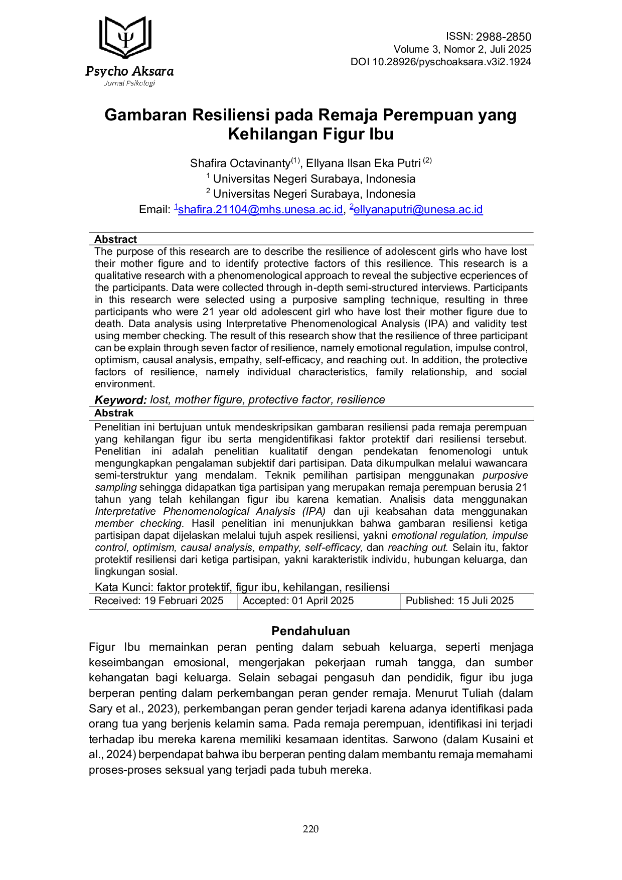 JURIS Gambaran Resiliensi pada Remaja Perempuan yang Kehilangan Figur Ibu