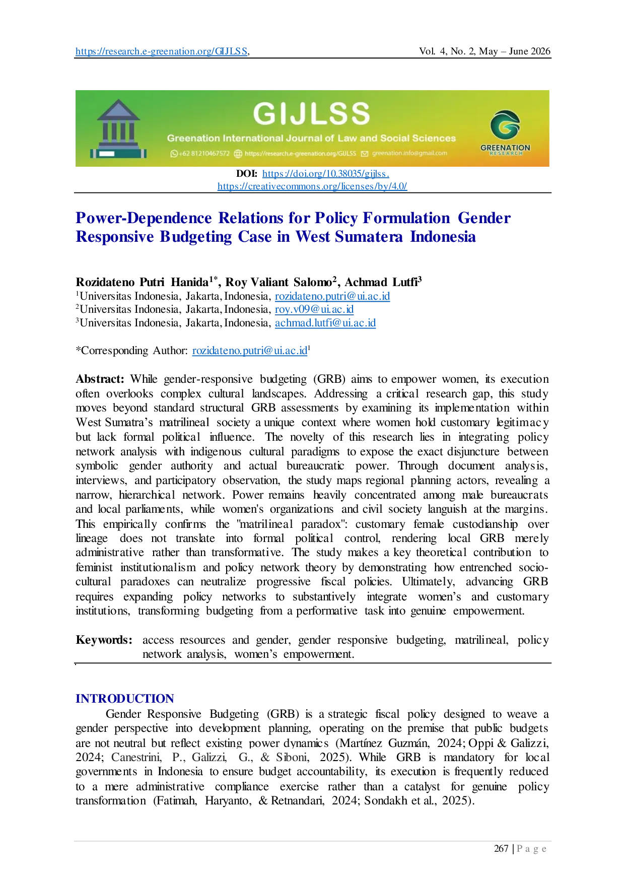 JURIS Power Dependence Relations for Policy Formulation Gender Responsive Budgeting Case in West Sumatera Indonesia