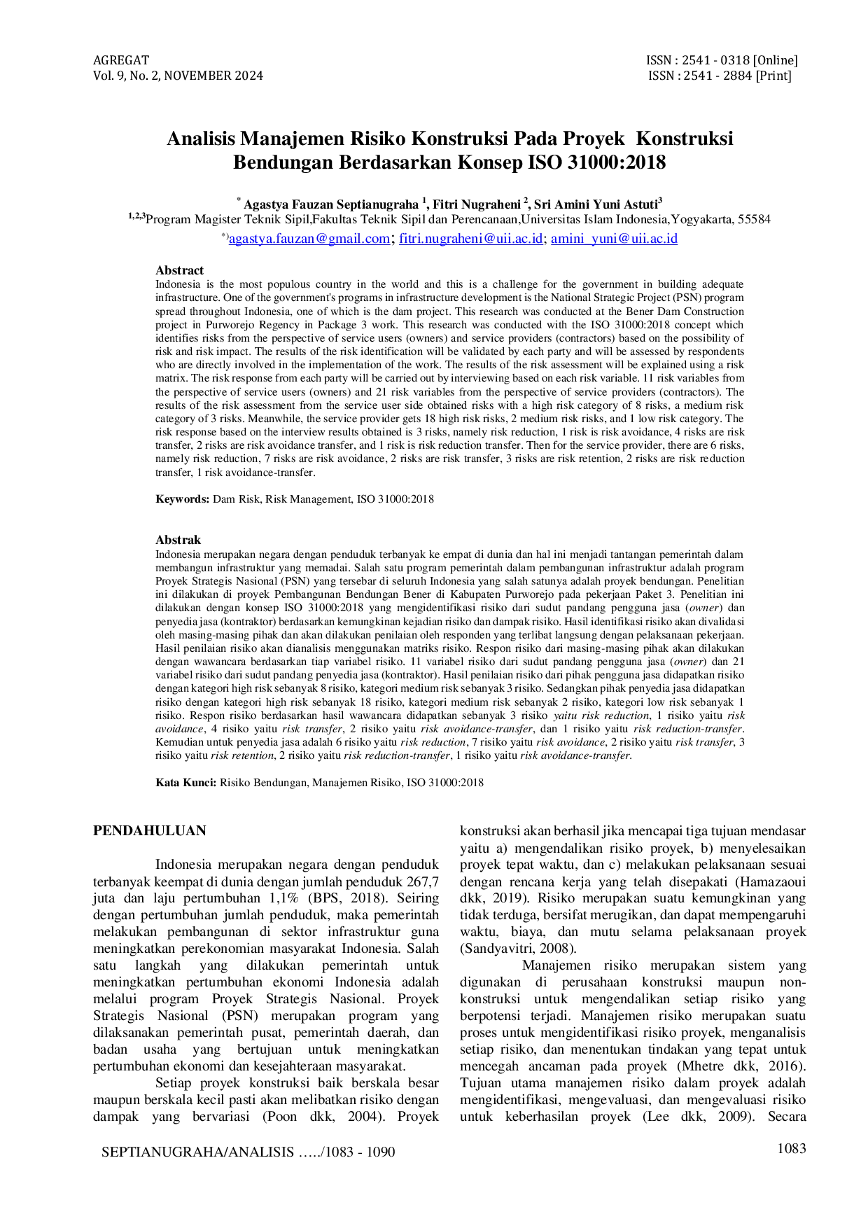 JURIS Analisis Manajemen Risiko Konstruksi Pada Proyek Konstruksi Bendungan Berdasarkan Konsep ISO 31000 2018