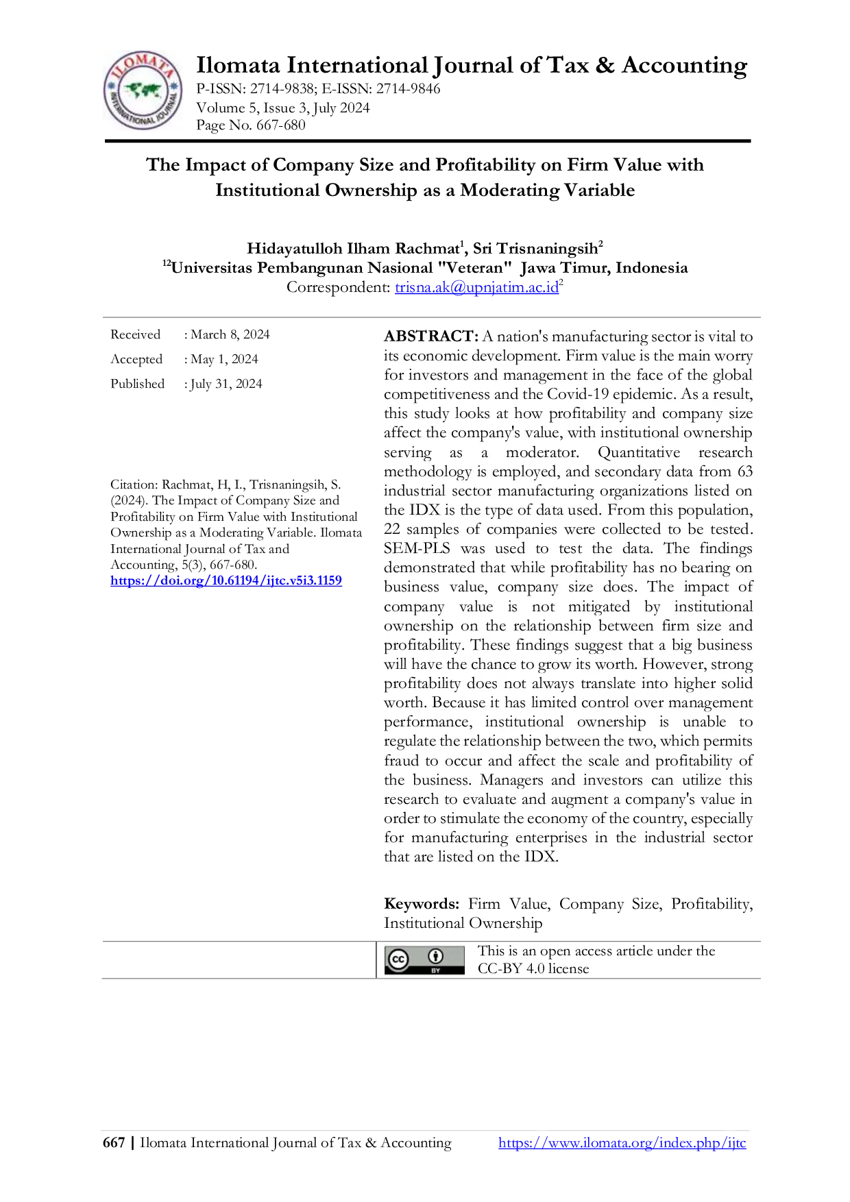 JURIS The Impact of Company Size and Profitability on Firm Value with Institutional Ownership as a Moderating Variable