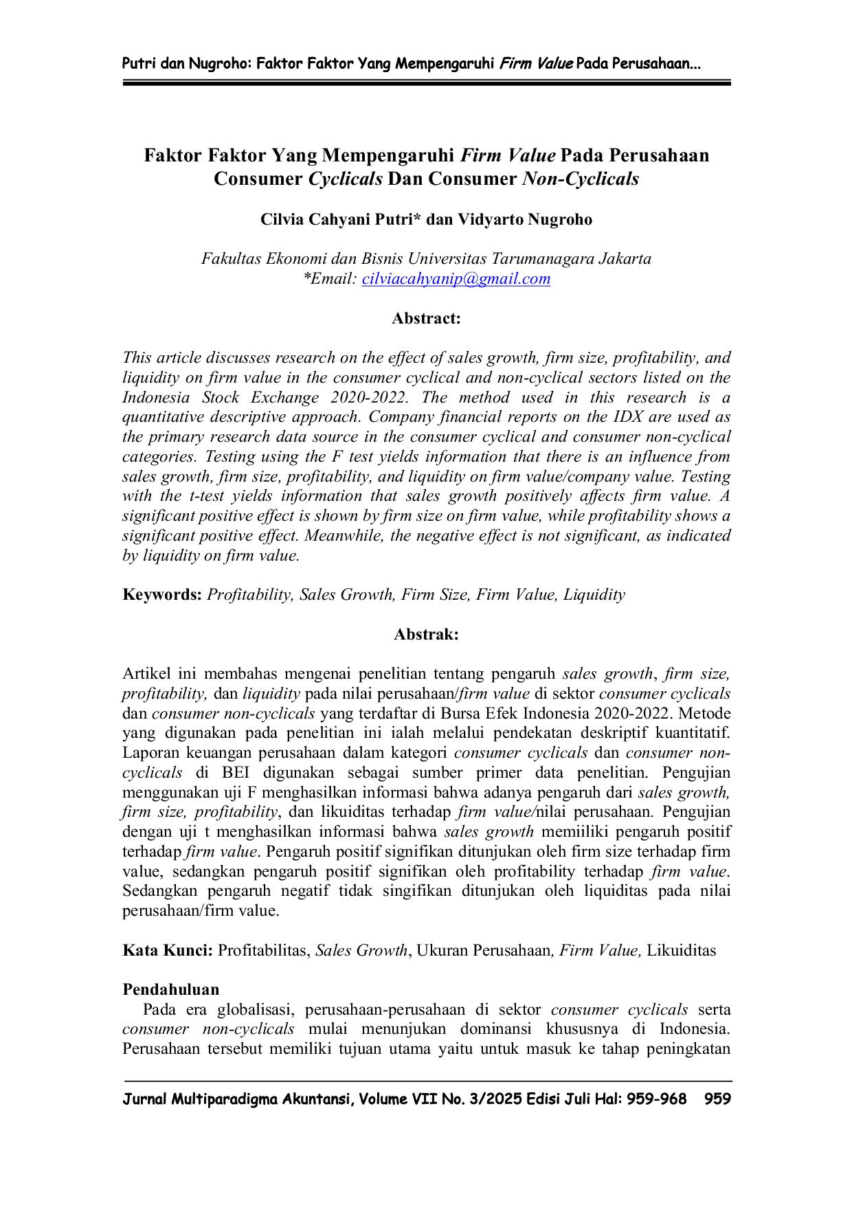 JURIS Faktor Faktor Yang Mempengaruhi Firm Value Pada Perusahaan Consumer Cyclicals Dan Consumer Non Cyclicals
