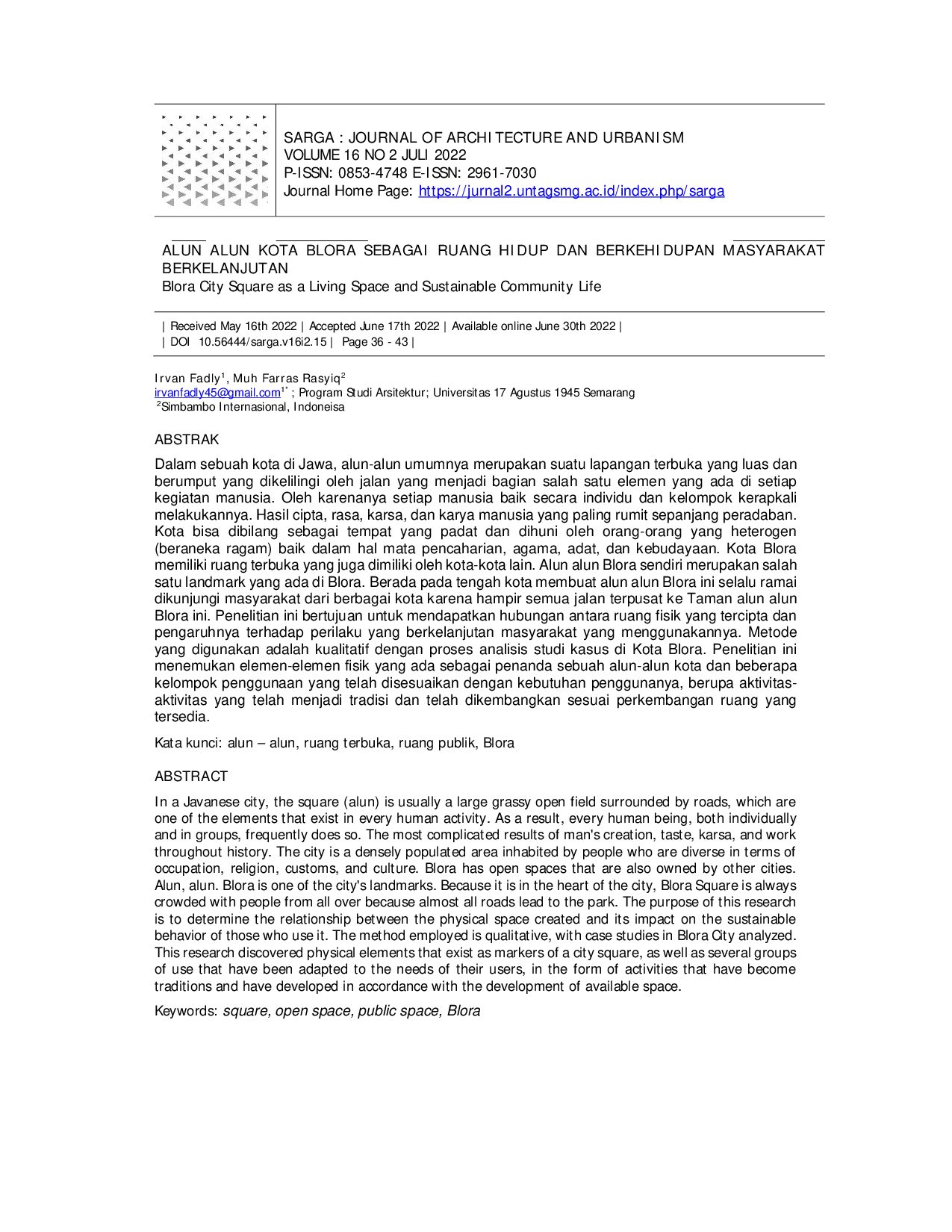 JURIS Alun Alun Kota Blora Sebagai Ruang Hidup Dan Berkehidupan Masyarakat Berkelanjutan
