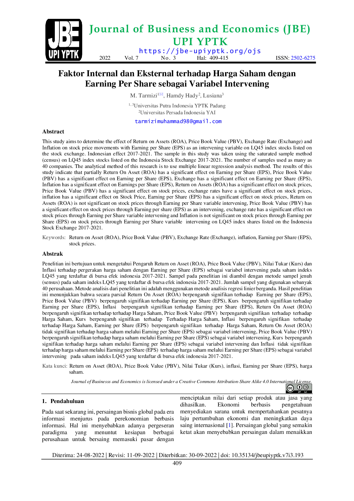 JURIS Faktor Internal dan Eksternal terhadap Harga Saham dengan Earning Per Share sebagai Variabel Intervening
