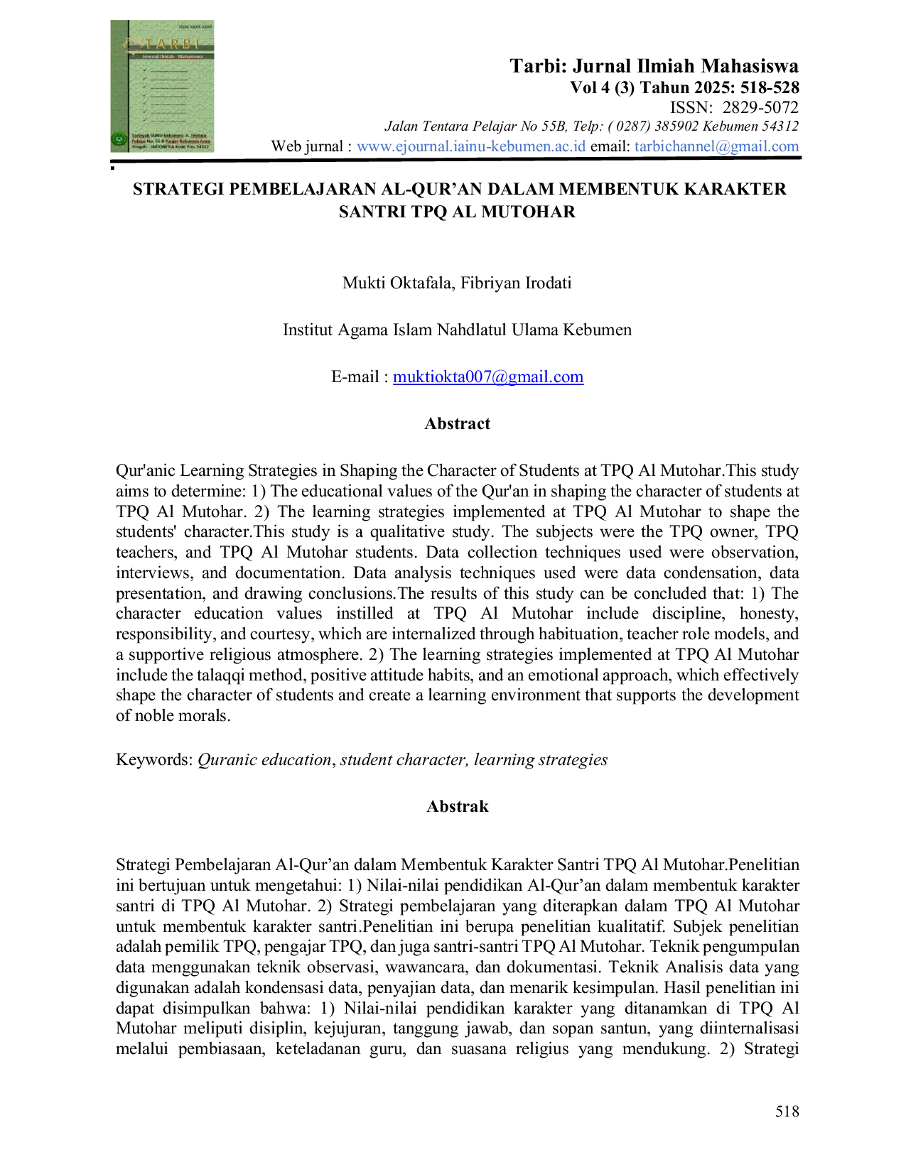 JURIS Strategi Pembelajaran Al Qur an dalam Membentuk Karakter Santri TPQ Al Mutohar