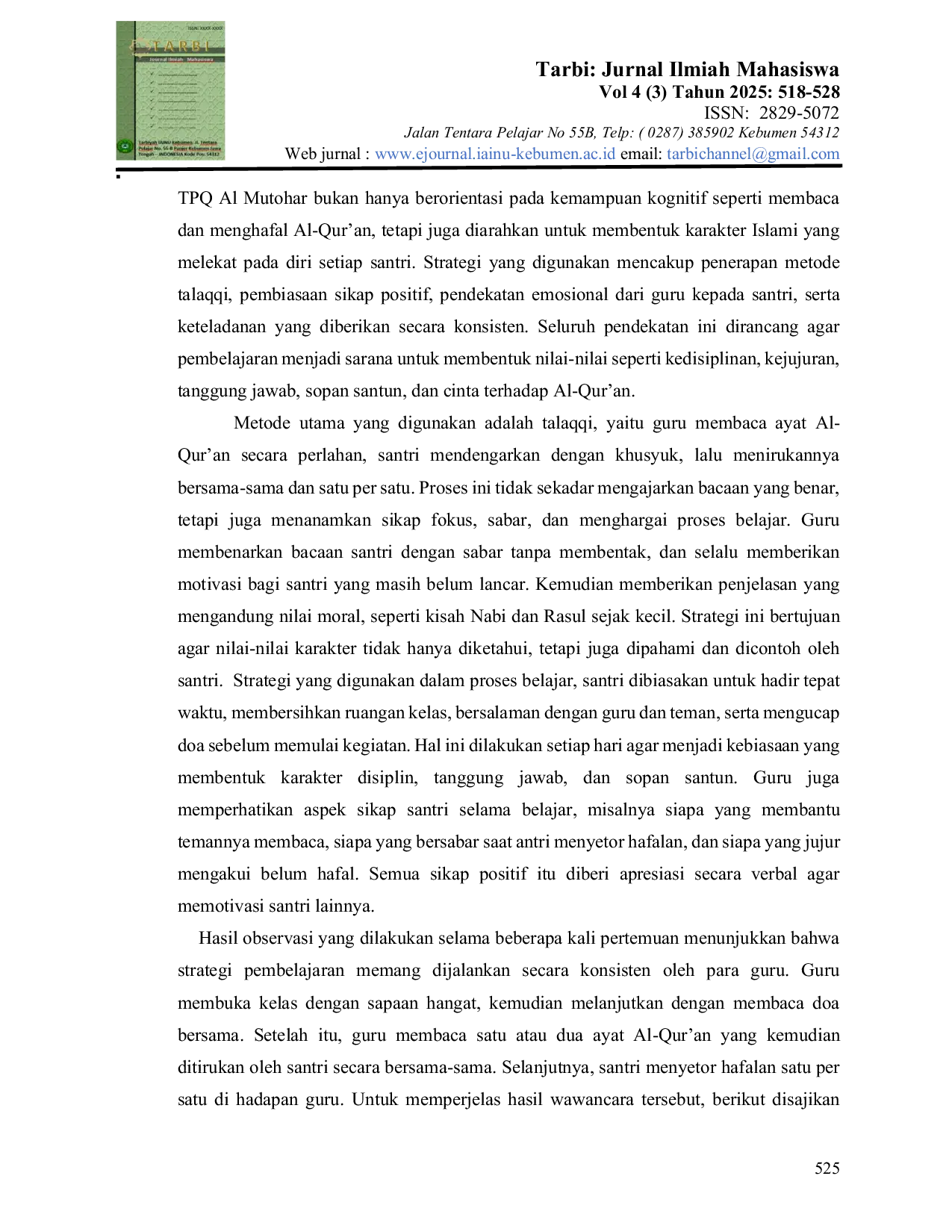 JURIS Strategi Pembelajaran Al Qur an dalam Membentuk Karakter Santri TPQ Al Mutohar