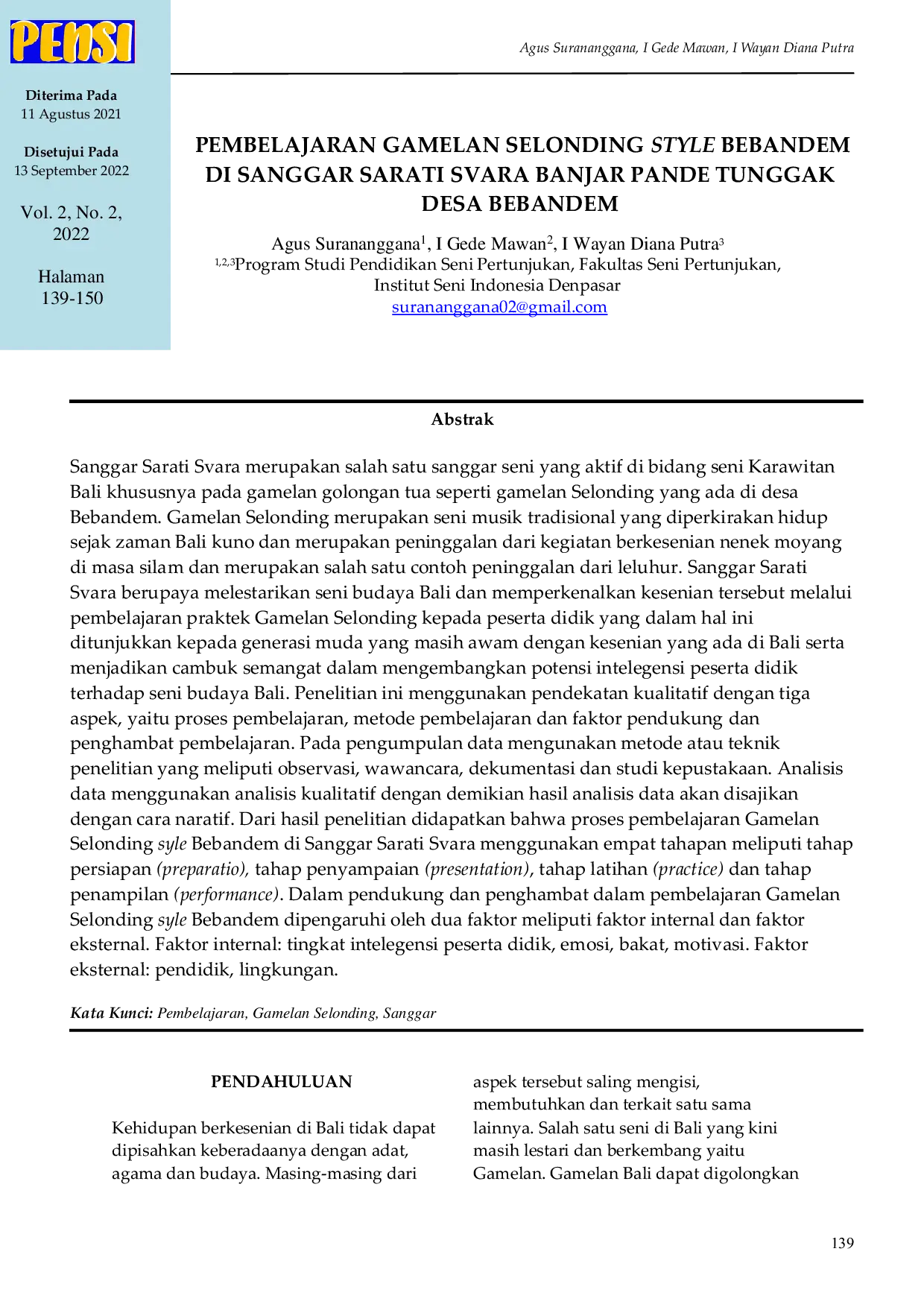 JURIS Pembelajaran Gamelan Selonding Style Bebandem di Sanggar Sarati Svara Banjar Pande Tunggak Desa Bebandem Kabupaten Karangasem