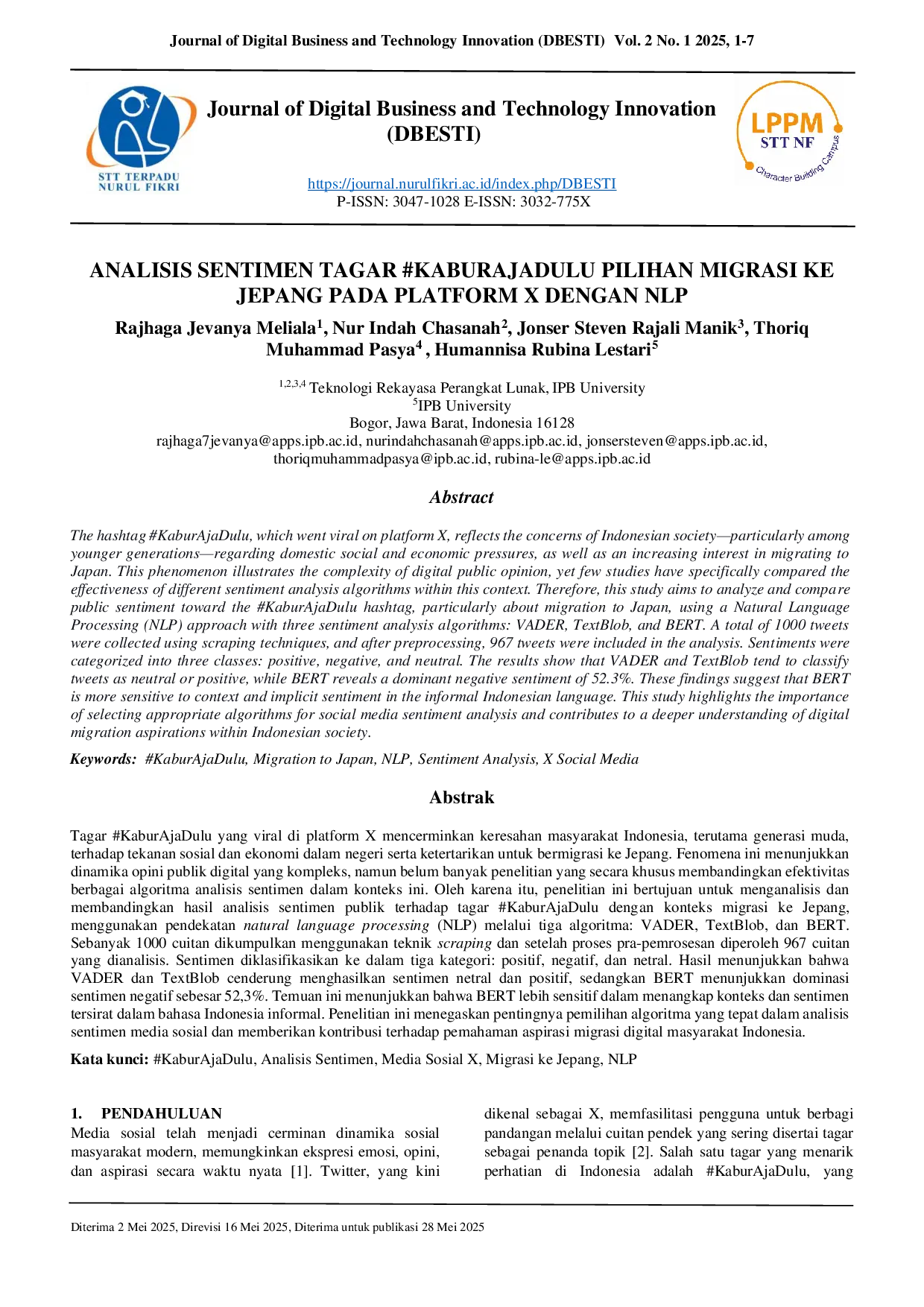 JURIS Analisis Sentimen Tagar KaburAjaDulu Pilihan Migrasi ke Jepang pada Platform X dengan NLP