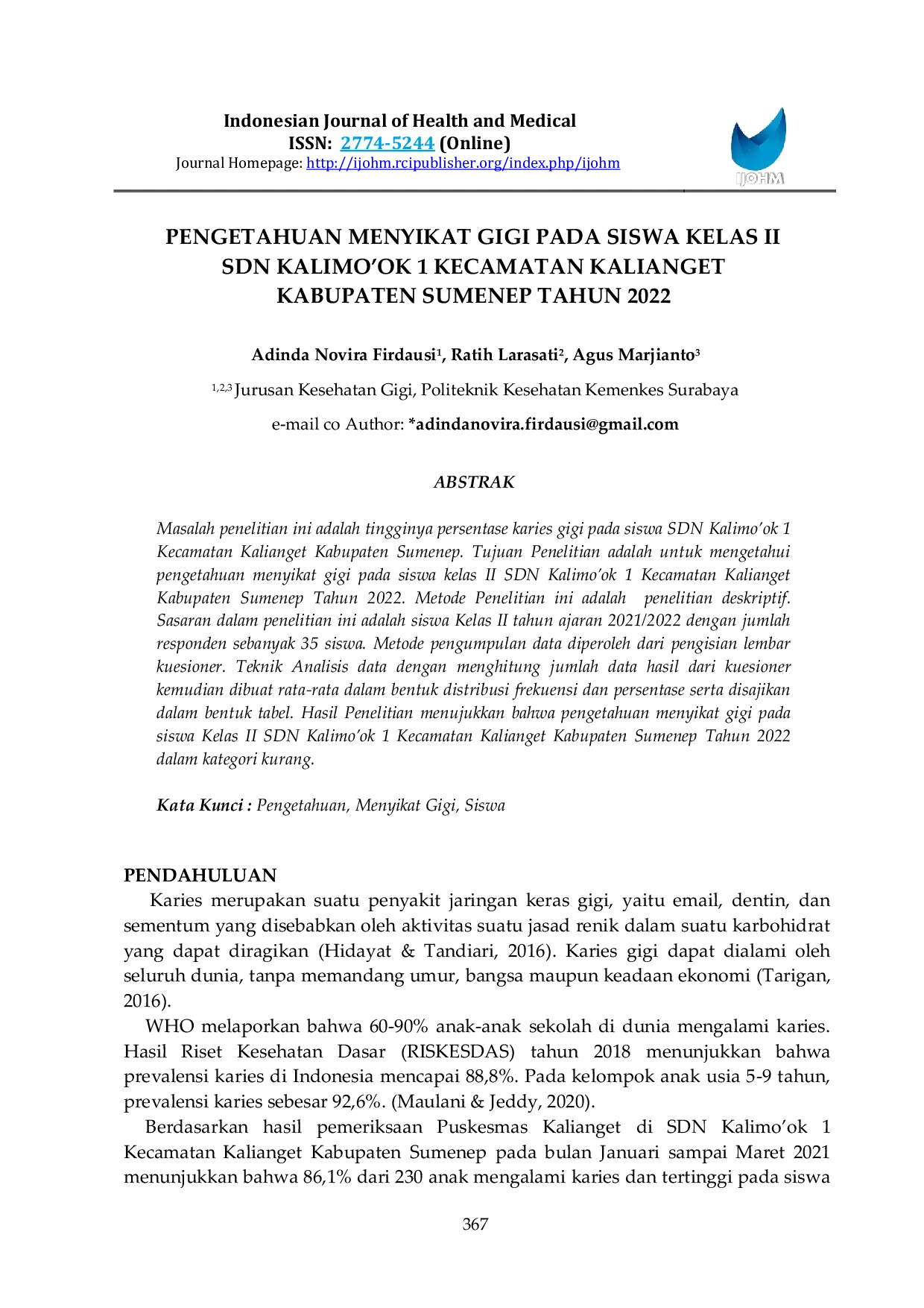 JURIS Pengetahuan Menyikat Gigi Pada Siswa Kelas II Sdn Kalimo ok 1 Kecamatan Kalianget Kabupaten Sumenep Tahun 2022