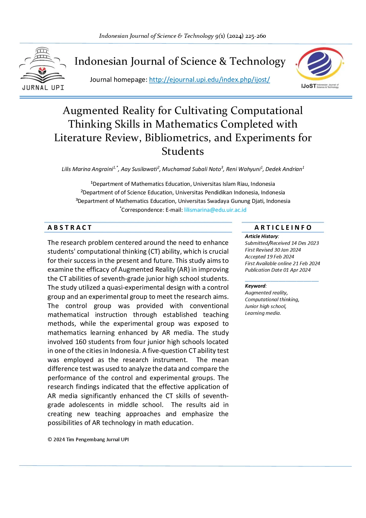 juris Augmented Reality for Cultivating Computational Thinking Skills in Mathematics Completed with Literature Review Bibliometrics and Experiments for Students