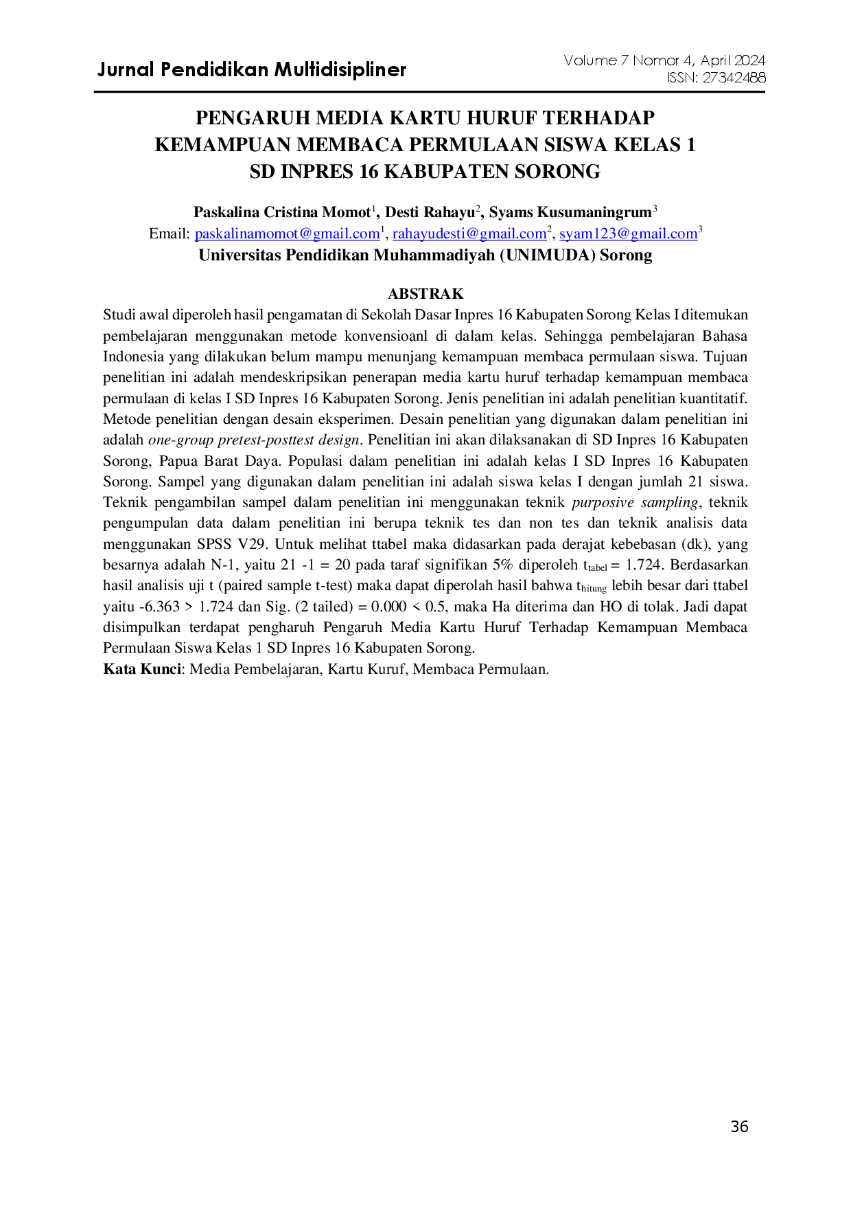 juris Pengaruh Media Kartu Huruf Terhadap Kemampuan Membaca Permulaan Siswa Kelas 1 SD Inpres 16 Kabupaten Sorong