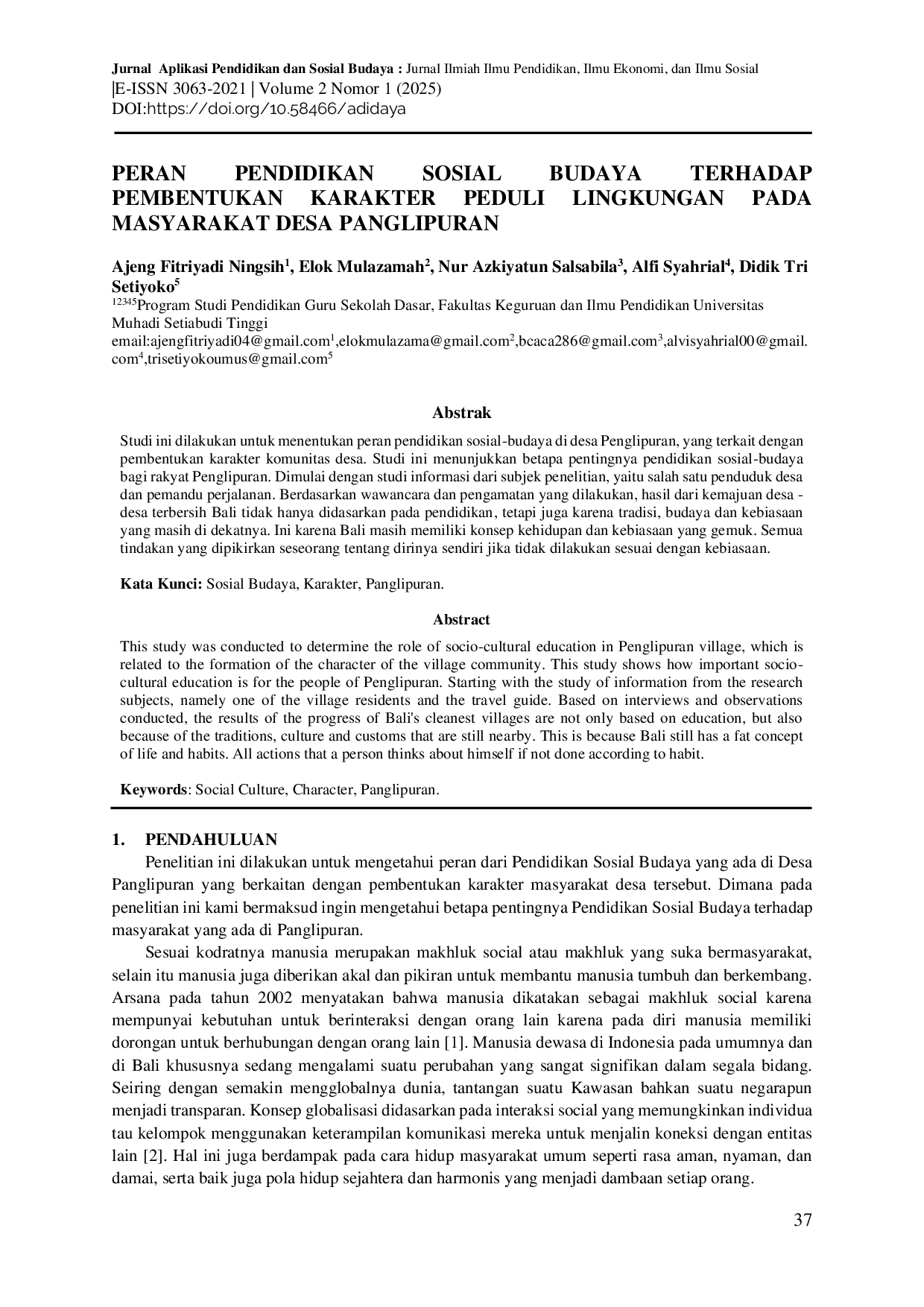 JURIS Peran Pendidikan Sosial Budaya Terhadap Pembentukan Karakter Peduli Lingkungan Pada Masyarakat Desa Panglipuran