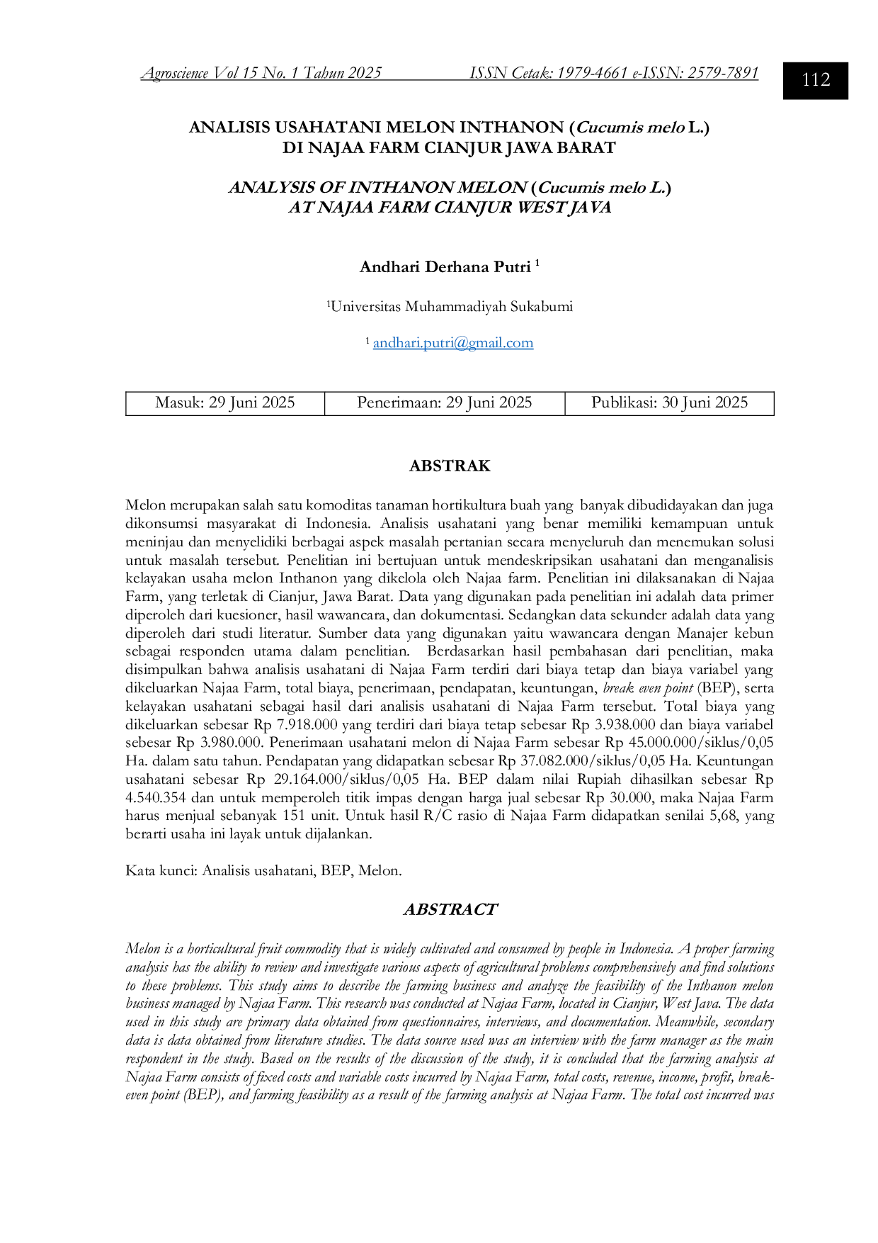 JURIS ANALISIS USAHATANI MELON INTHANON Cucumis melo L DI NAJAA FARM CIANJUR JAWA BARAT