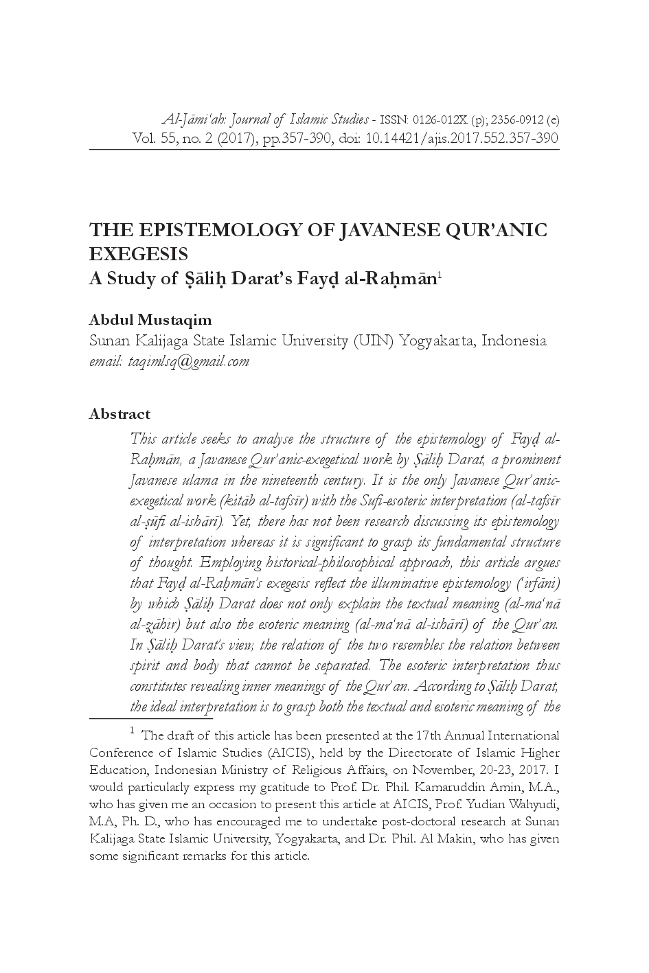 juris The Epistemology of Javanese Qur anic Exegesis A Study of Aliu Darat s Fays al RaumAn