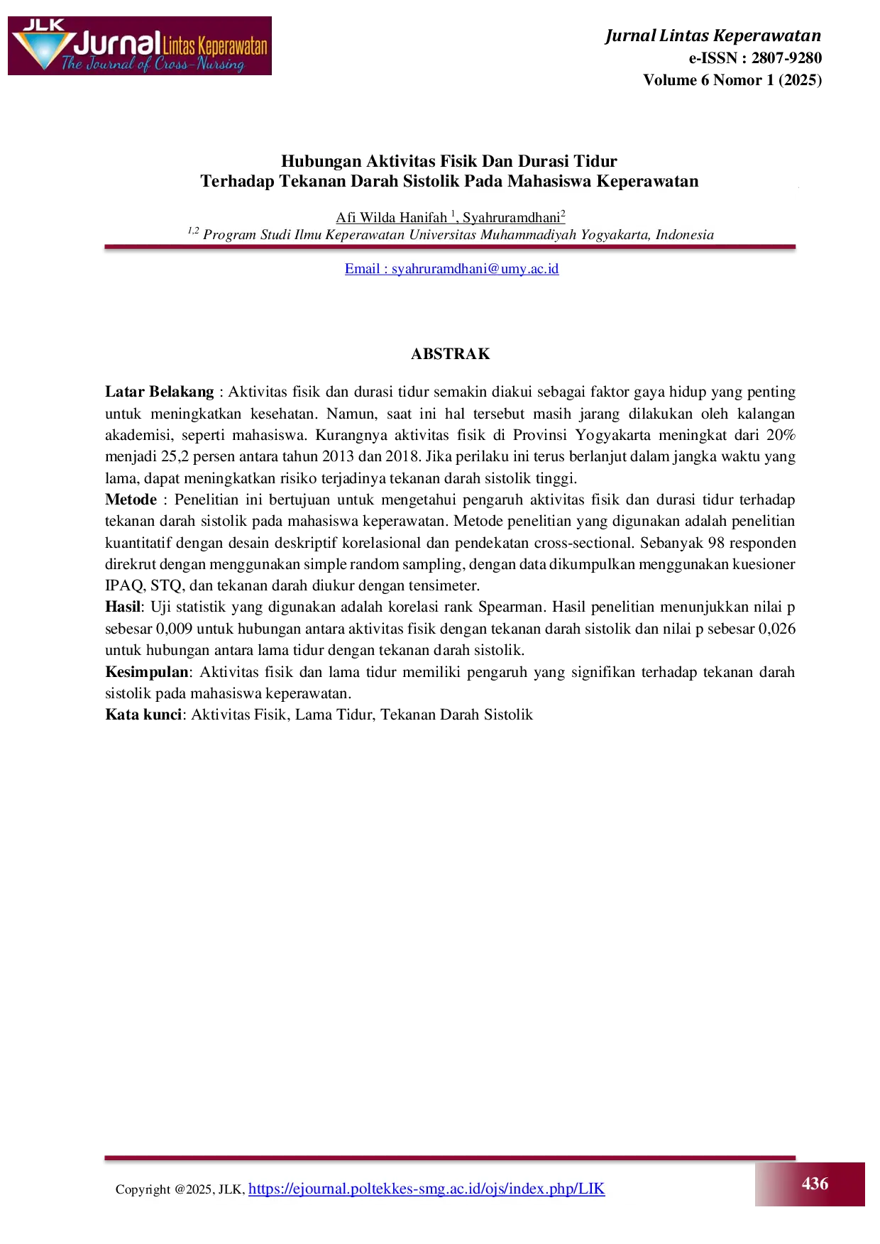 JURIS Hubungan Aktivitas Fisik Dan Durasi Tidur Terhadap Tekanan Darah Sistolik Pada Mahasiswa Keperawatan