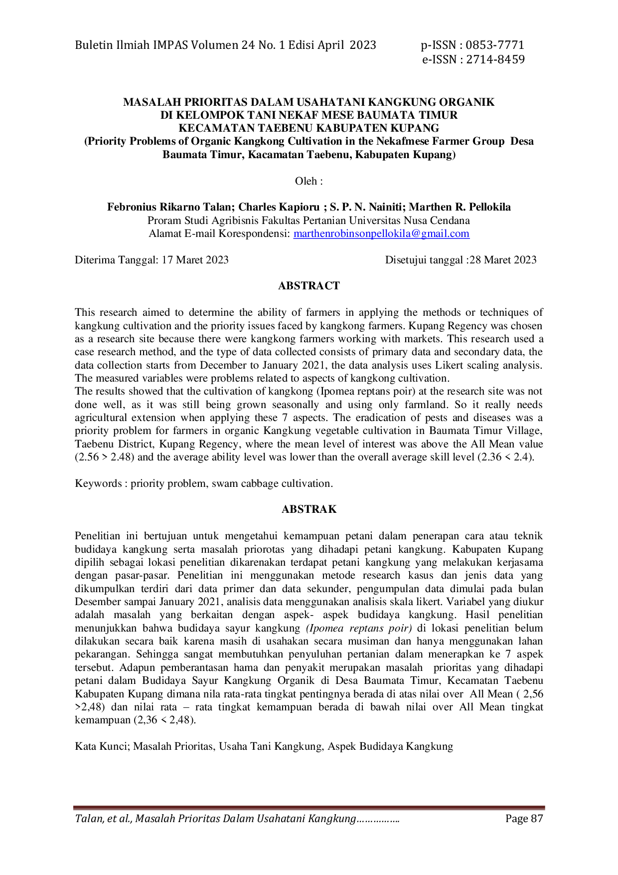 JURIS Masalah Prioritas Dalam Usahatani Kangkung Organik Di Kelompok Tani Nekaf Mese Baumata Timur Kecamatan Taebenu Kabupaten Kupang