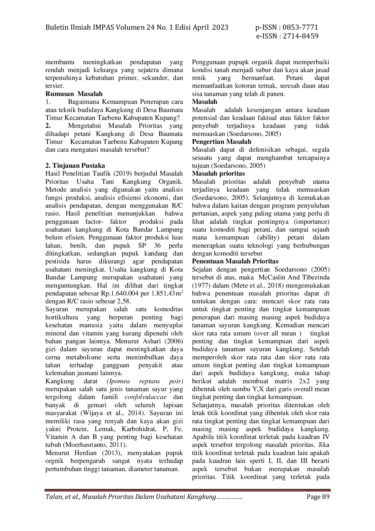 JURIS Masalah Prioritas Dalam Usahatani Kangkung Organik Di Kelompok Tani Nekaf Mese Baumata Timur Kecamatan Taebenu Kabupaten Kupang