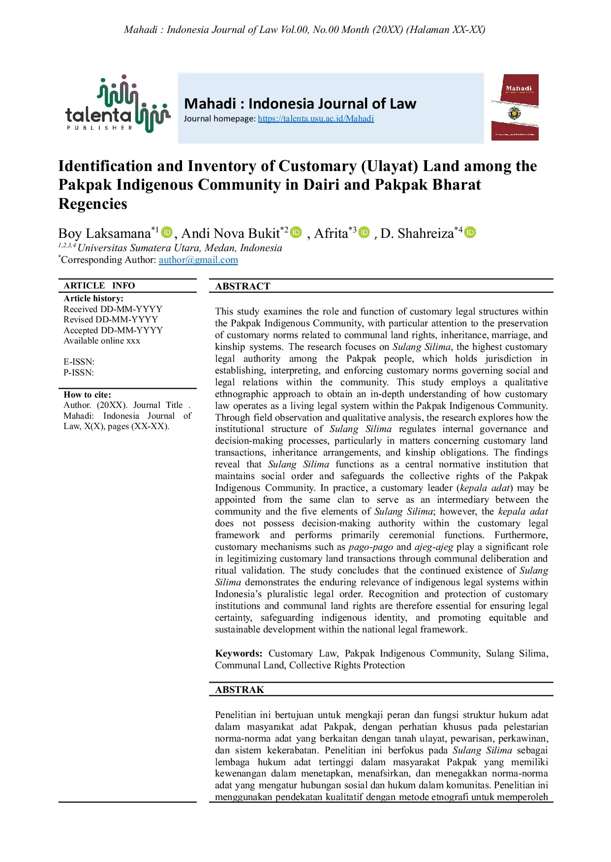 JURIS Identification and Inventory of Customary Ulayat Land among the Pakpak Indigenous Community in Dairi and Pakpak Bharat Regencies