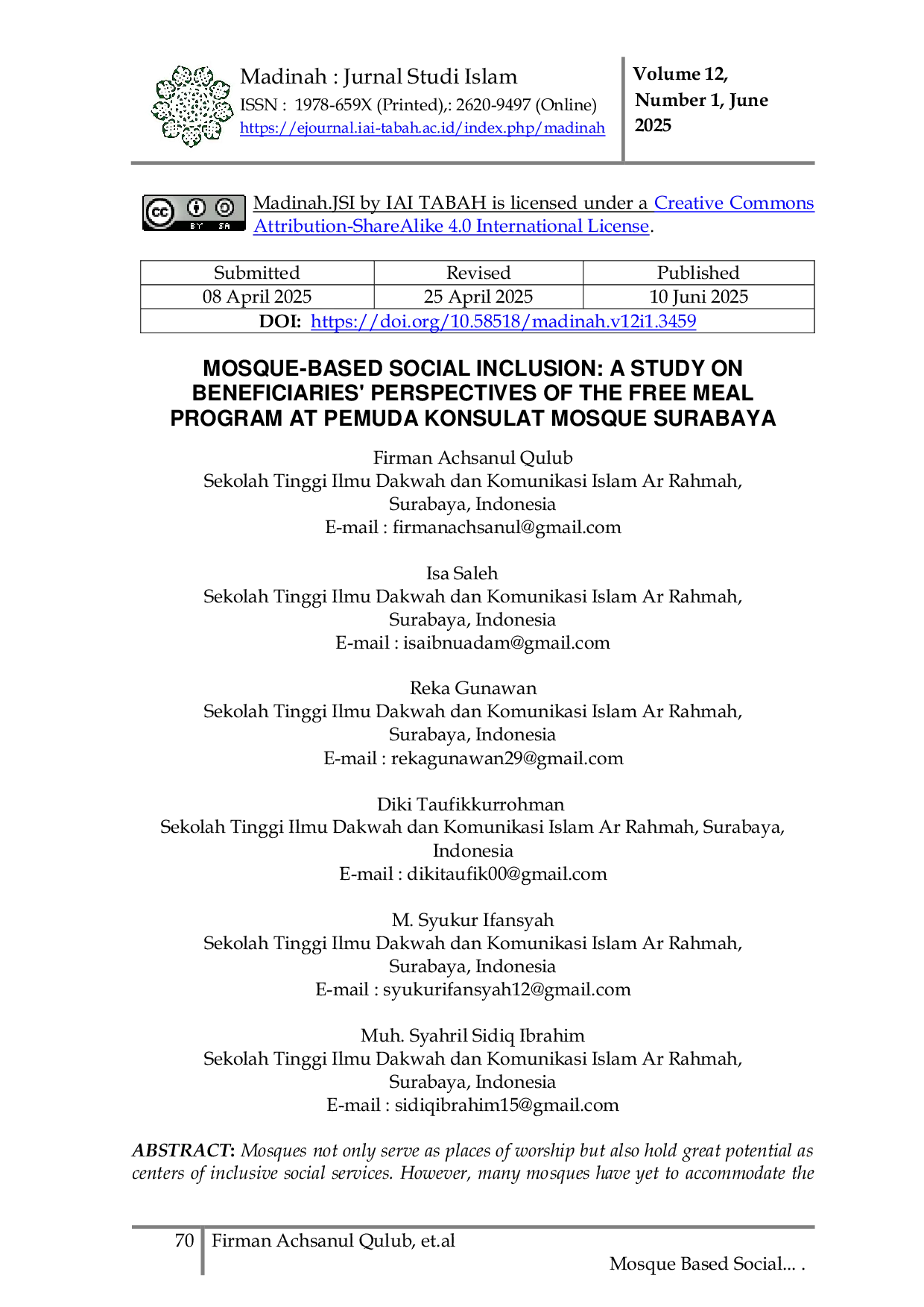 JURIS Inklusi sosial berbasis masjid studi perspektif penerima manfaat program warung makan gratis di masjid pemuda konsulat surabaya
