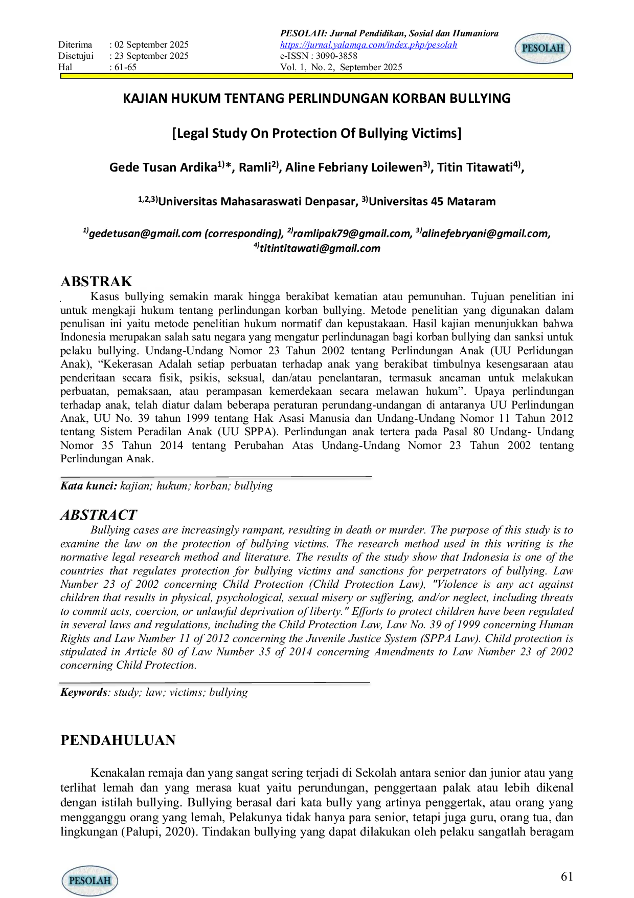 JURIS KAJIAN HUKUM TENTANG PERLINDUNGAN KORBAN BULLYING Legal Study On Protection Of Bullying Victims