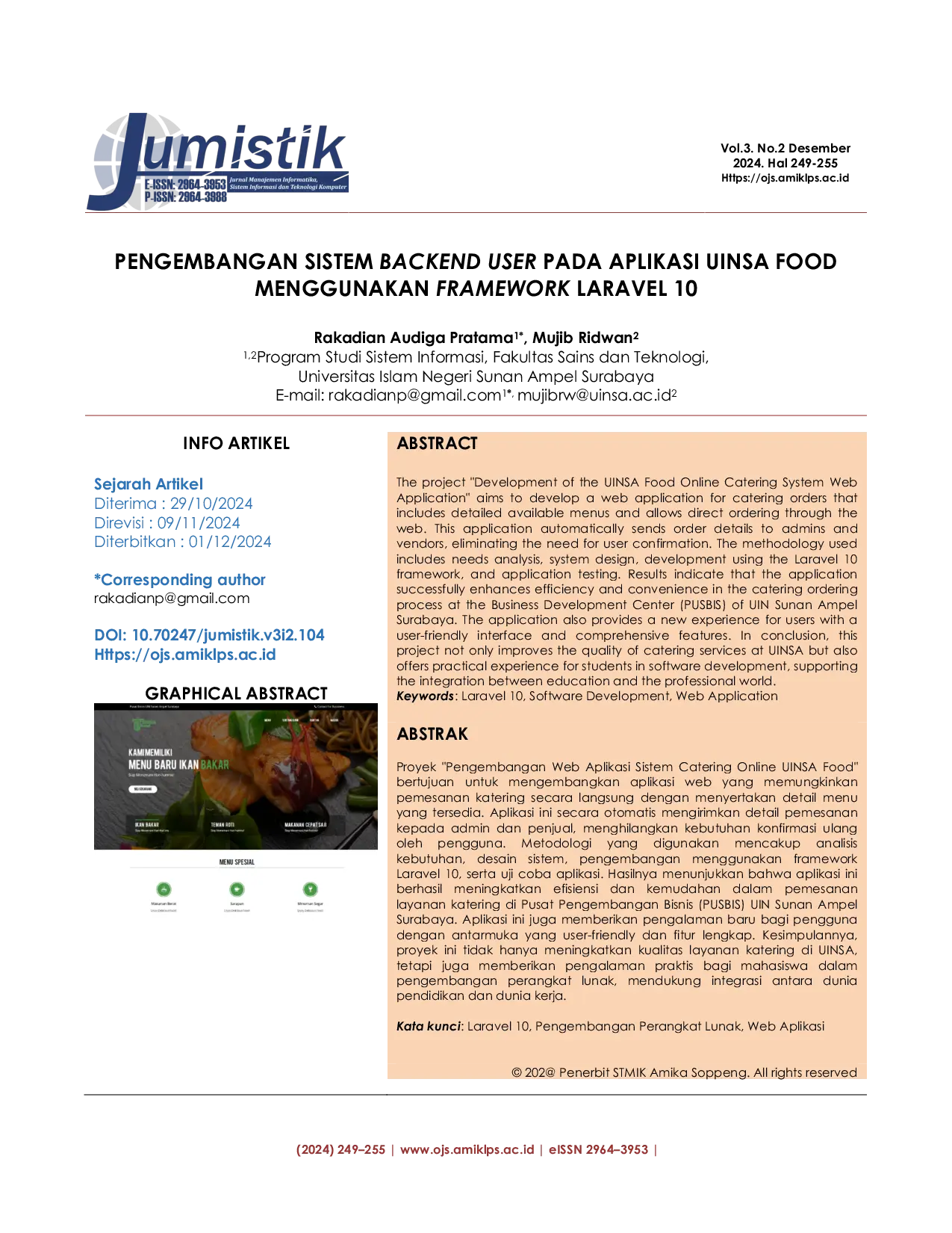 JURIS Pengembangan Sistem Backend User Pada Aplikasi UINSA Food Menggunakan Framework Laravel 10