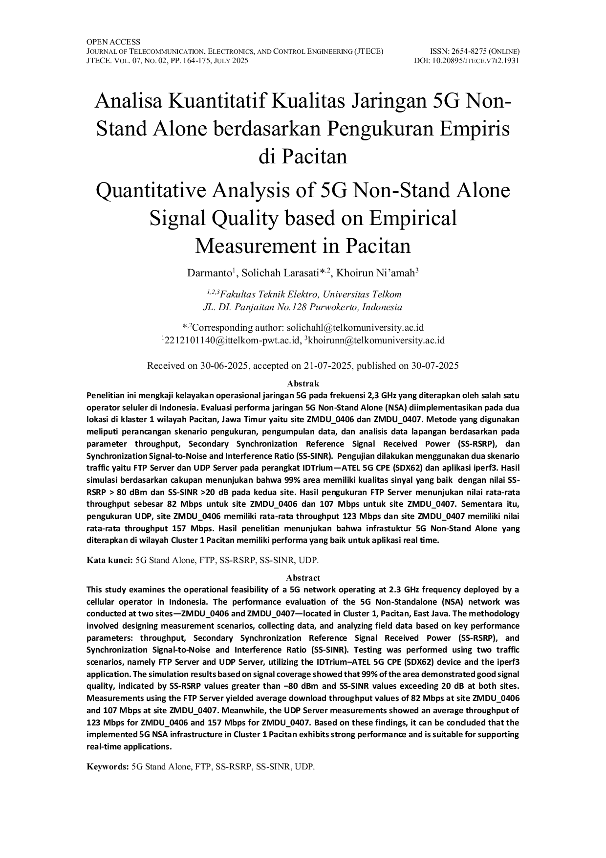 JURIS Analisa Kuantitatif Kualitas Jaringan 5G Non Stand Alone berdasarkan Pengukuran Empiris di Pacitan