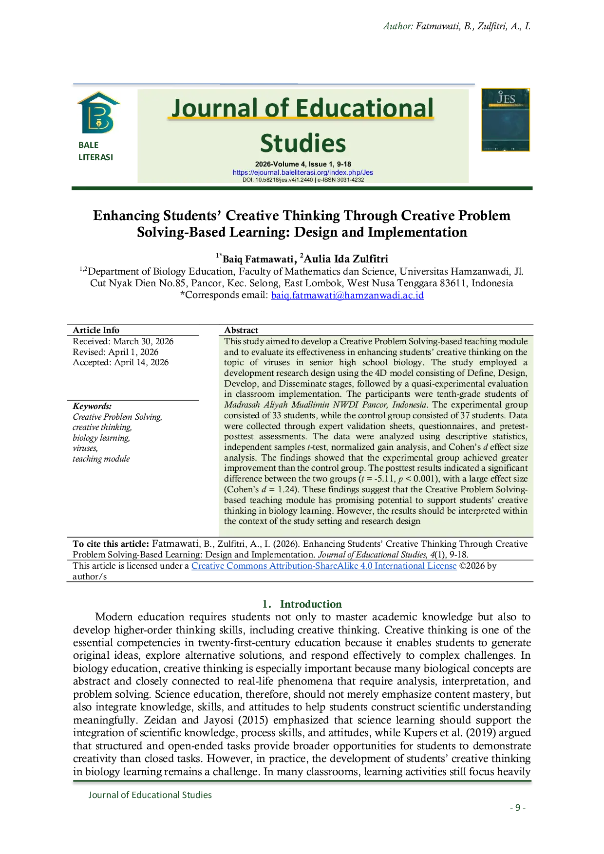 JURIS Enhancing Students Creative Thinking Through Creative Problem Solving Based Learning Design and Implementation