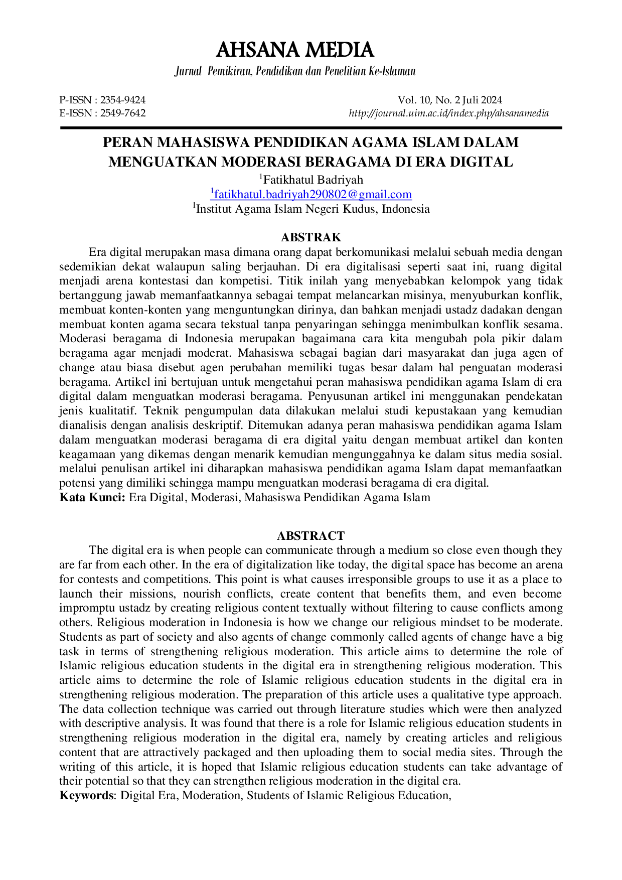 JURIS Peran Mahasiswa Pendidikan Agama Islam dalam Menguatkan Moderasi Beragama di Era Digital