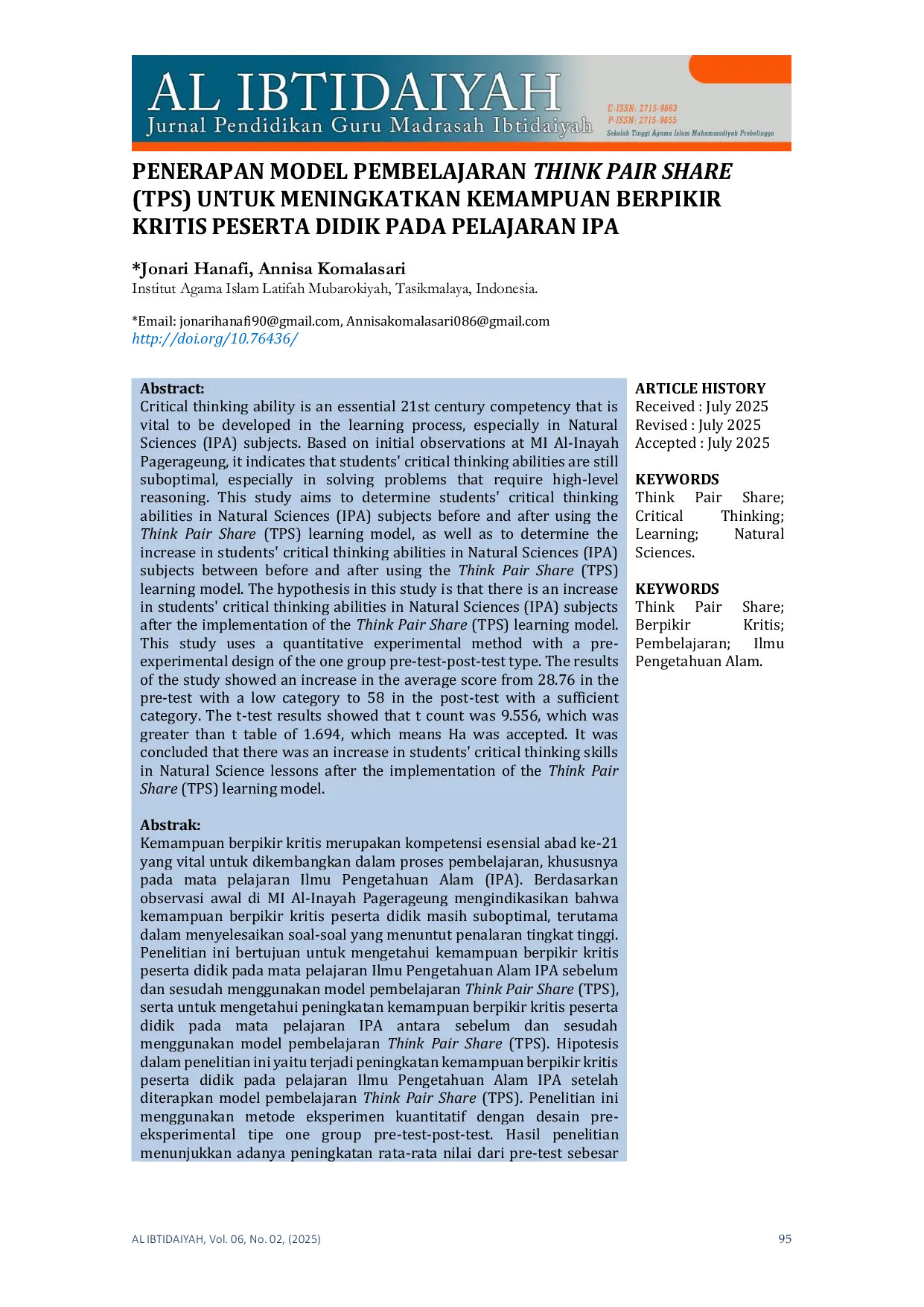 JURIS Penerapan Model Pembelajaran Think Pair Share TPS Untuk Meningkatkan Kemampuan Berpikir Kritis Peserta Didik Pada Pelajaran IPA