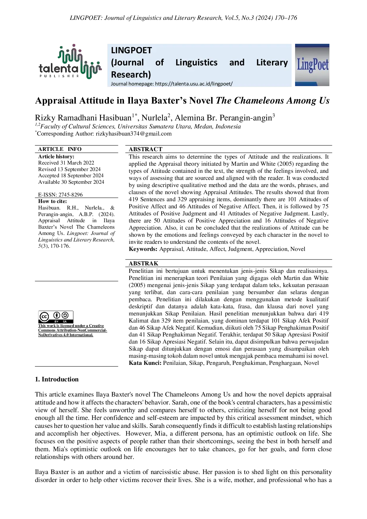 JURIS Appraisal Attitude in Ilaya Baxter s Novel The Chameleons Among Us