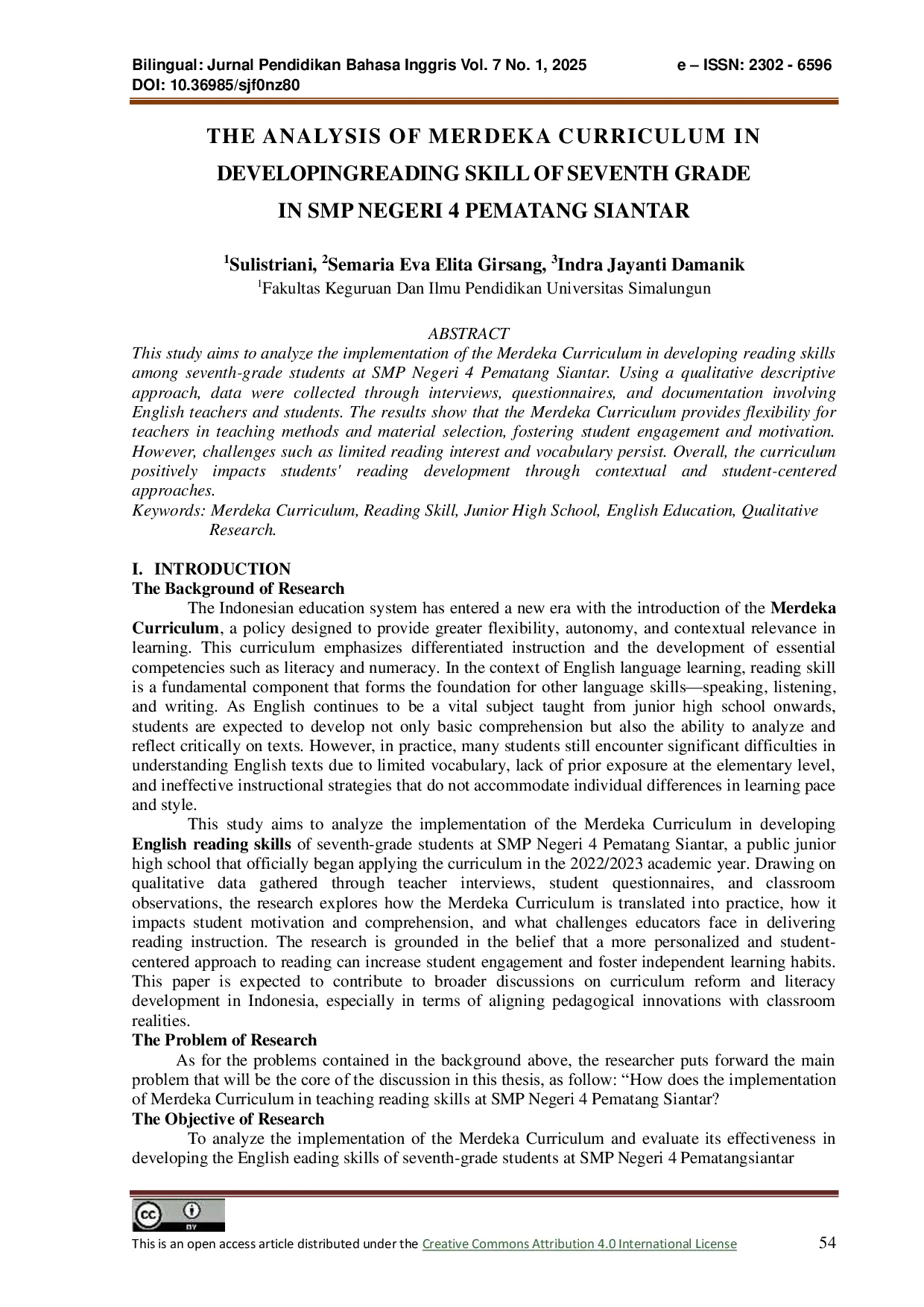 JURIS The Analysis of Merdeka Curriculum in Developingreading Skill of Seventh Grade in SMP Negeri 4 Pematang Siantar