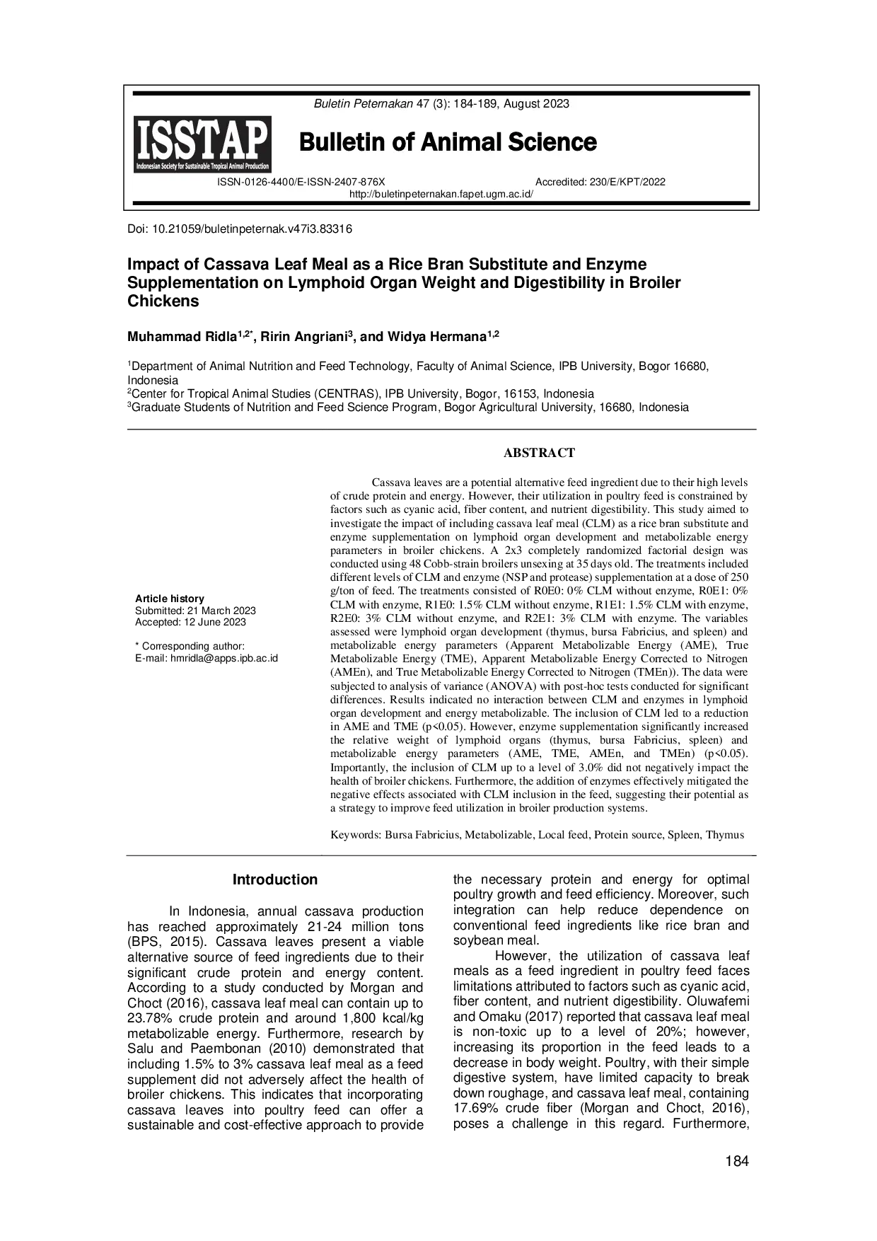 JURIS Impact of Cassava Leaf Meal as a Rice Bran Substitute and Enzyme Supplementation on Lymphoid Organ Weight and Digestibility in Broiler Chickens