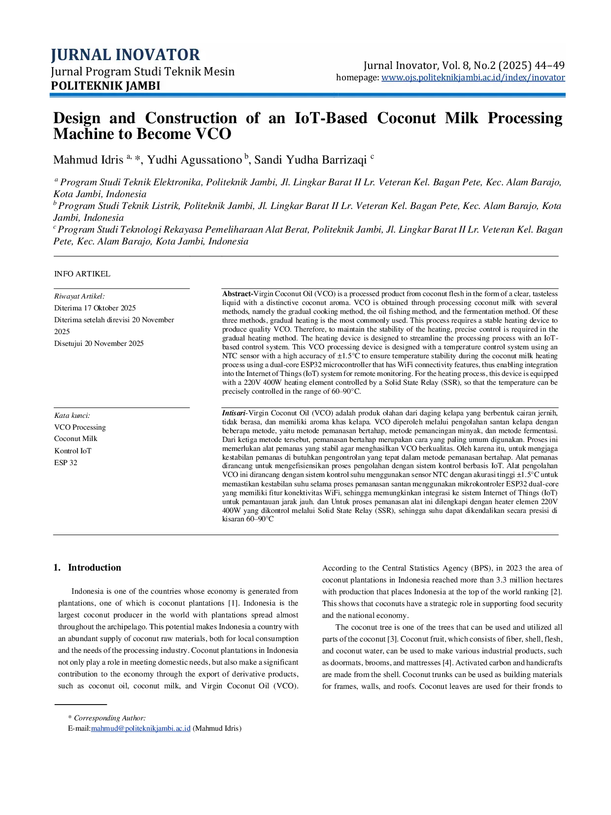 JURIS Design and Construction of an IoT Based Coconut Milk Processing Machine to Become VCO