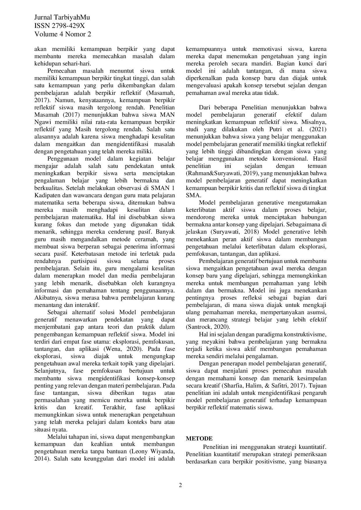 JURIS Pengaruh Model Pembelajaran Generatif Terhadap Kemampuan Reflektif Siswa Sma