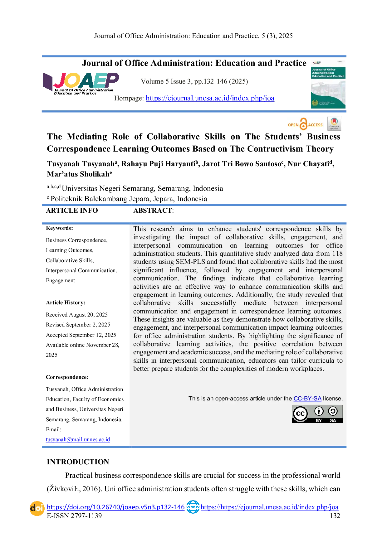 JURIS The Mediating Role of Collaborative Skills on The Students Business Correspondence Learning Outcomes Based on The Contructivism Theory