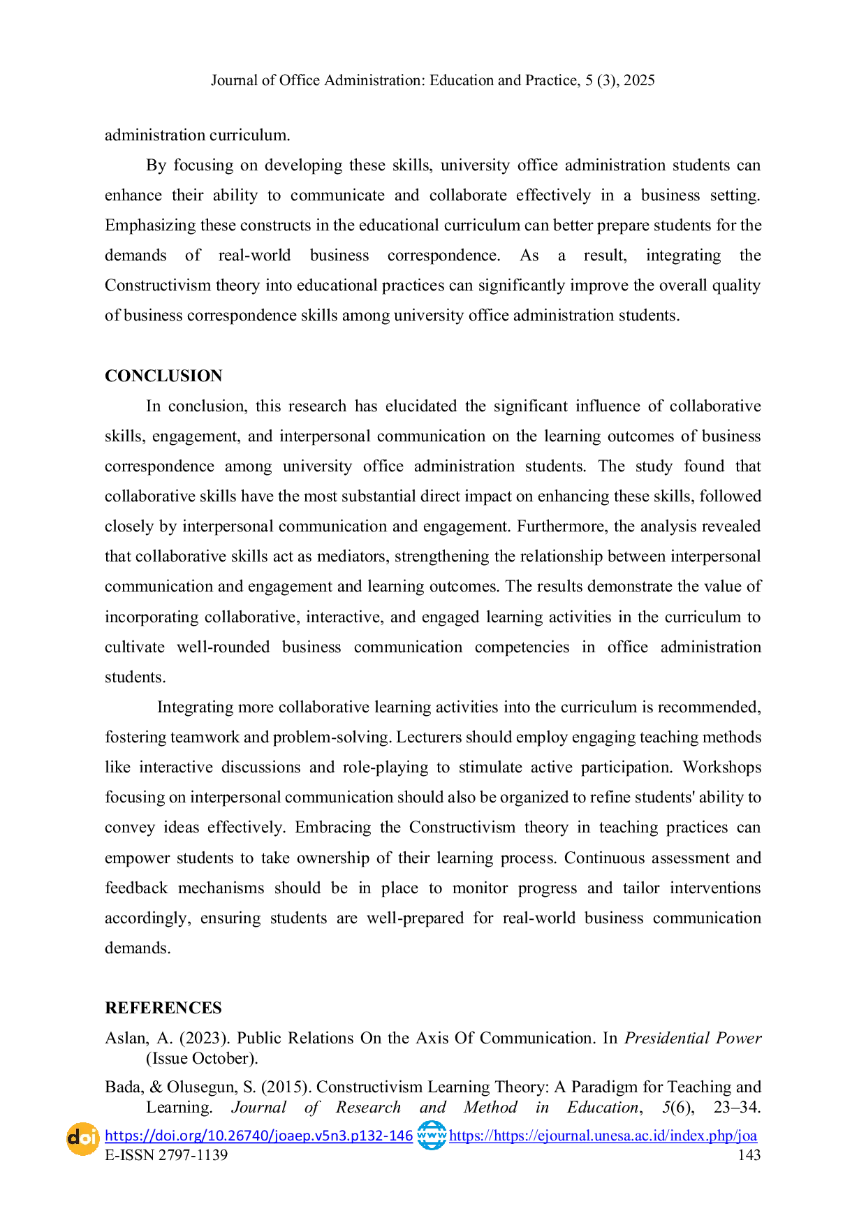 JURIS The Mediating Role of Collaborative Skills on The Students Business Correspondence Learning Outcomes Based on The Contructivism Theory