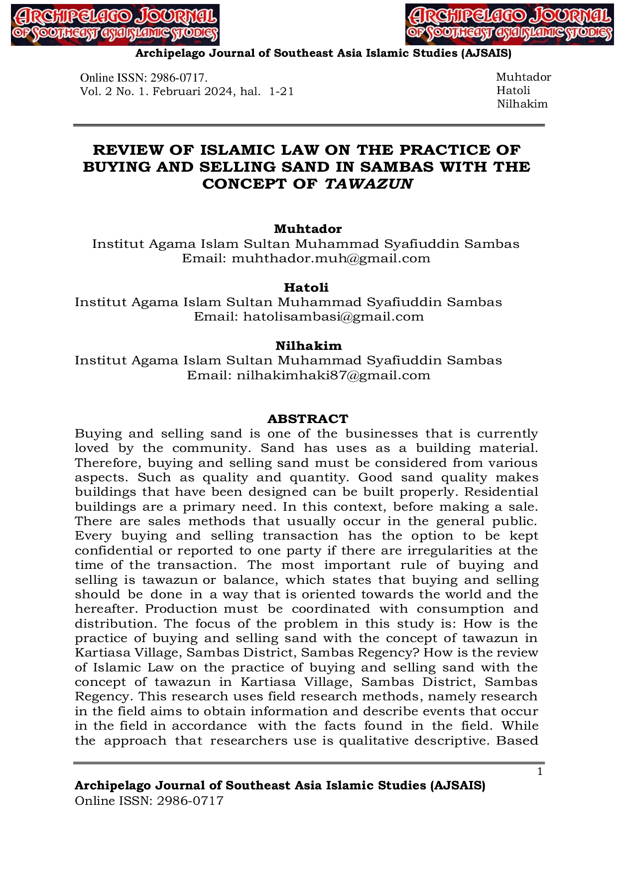 JURIS Review Of Islamic Law On The Practice Of Buying And Selling Sand With The Concept Of Tawazun