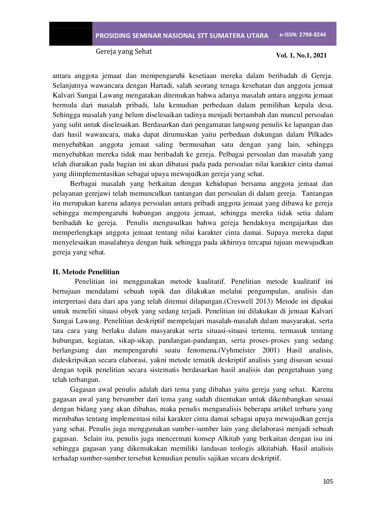 JURIS Implementasi Nilai Karakter Cinta Damai sebagai Upaya Mewujudkan Gereja yang Sehat