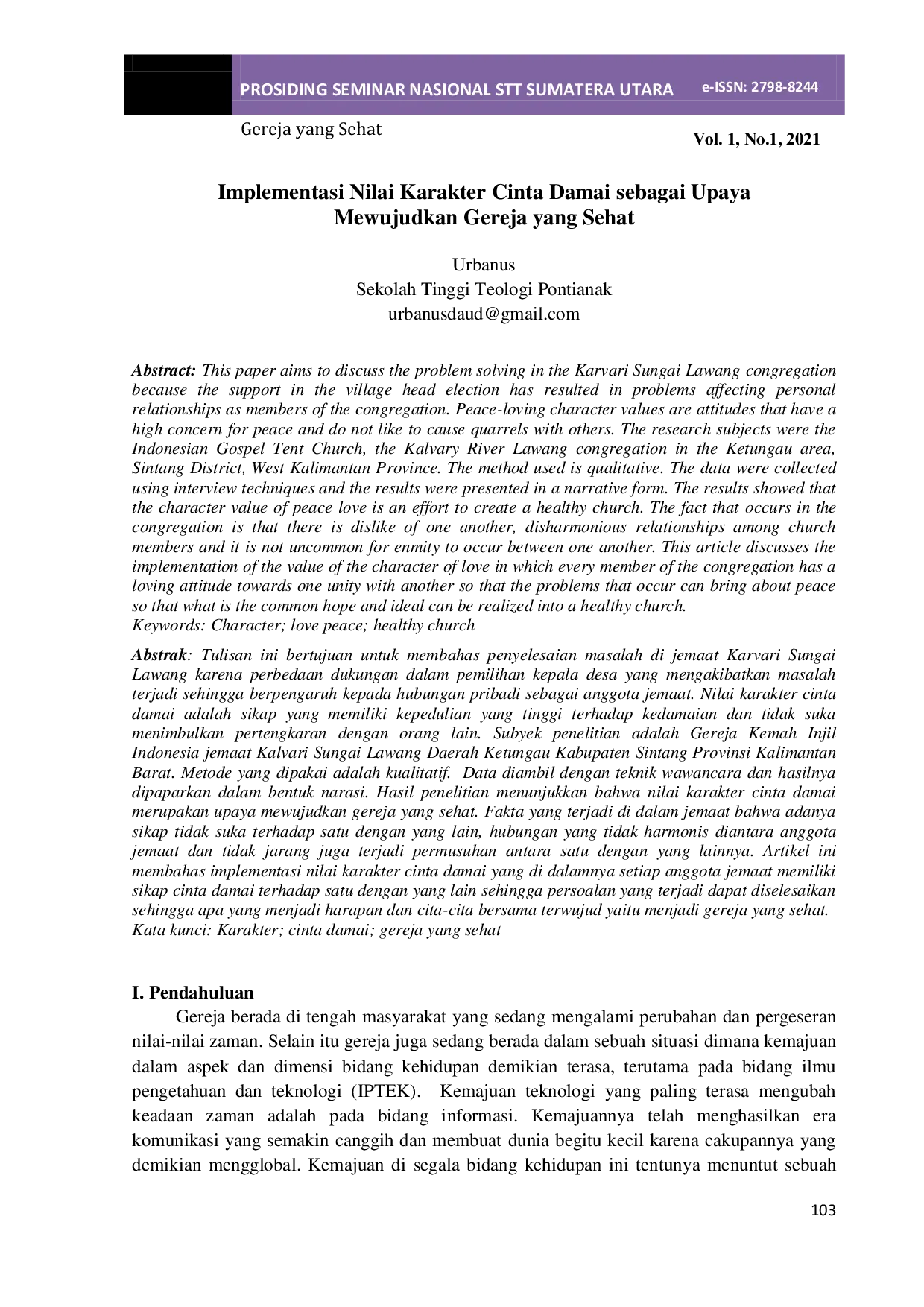 JURIS Implementasi Nilai Karakter Cinta Damai sebagai Upaya Mewujudkan Gereja yang Sehat