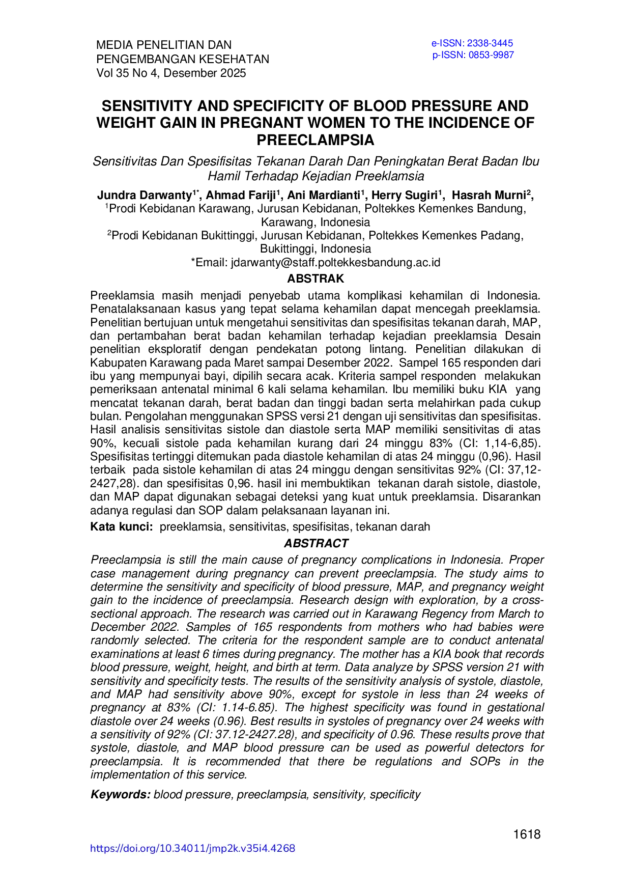JURIS Sensitivitas Dan Spesifisitas Tekanan Darah Dan Peningkatan Berat Badan Ibu Hamil Terhadap Kejadian Preeklamsia