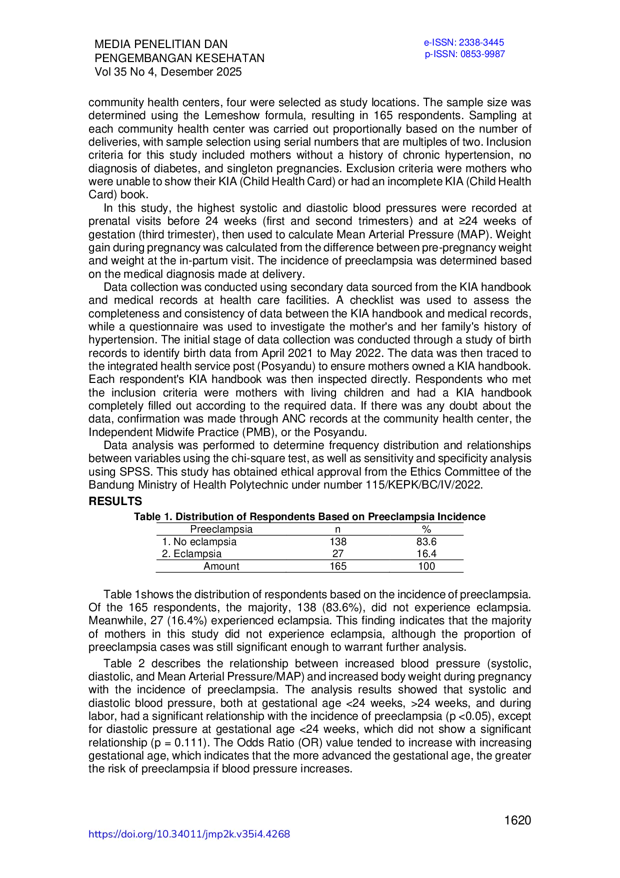 JURIS Sensitivitas Dan Spesifisitas Tekanan Darah Dan Peningkatan Berat Badan Ibu Hamil Terhadap Kejadian Preeklamsia