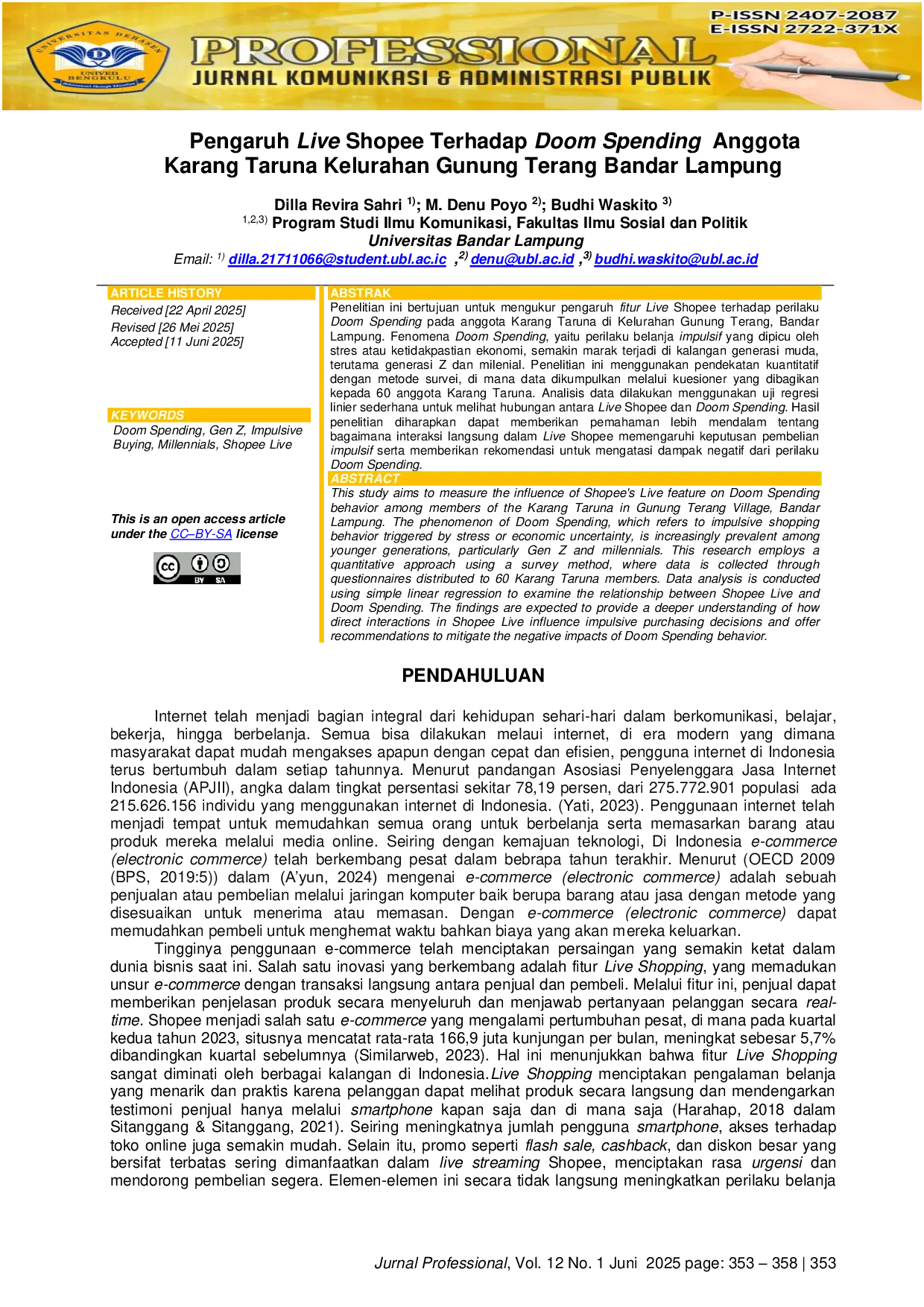 JURIS Pengaruh Live Shopee Terhadap Doom Spending Anggota Karang Taruna Kelurahan Gunung Terang Bandar Lampung