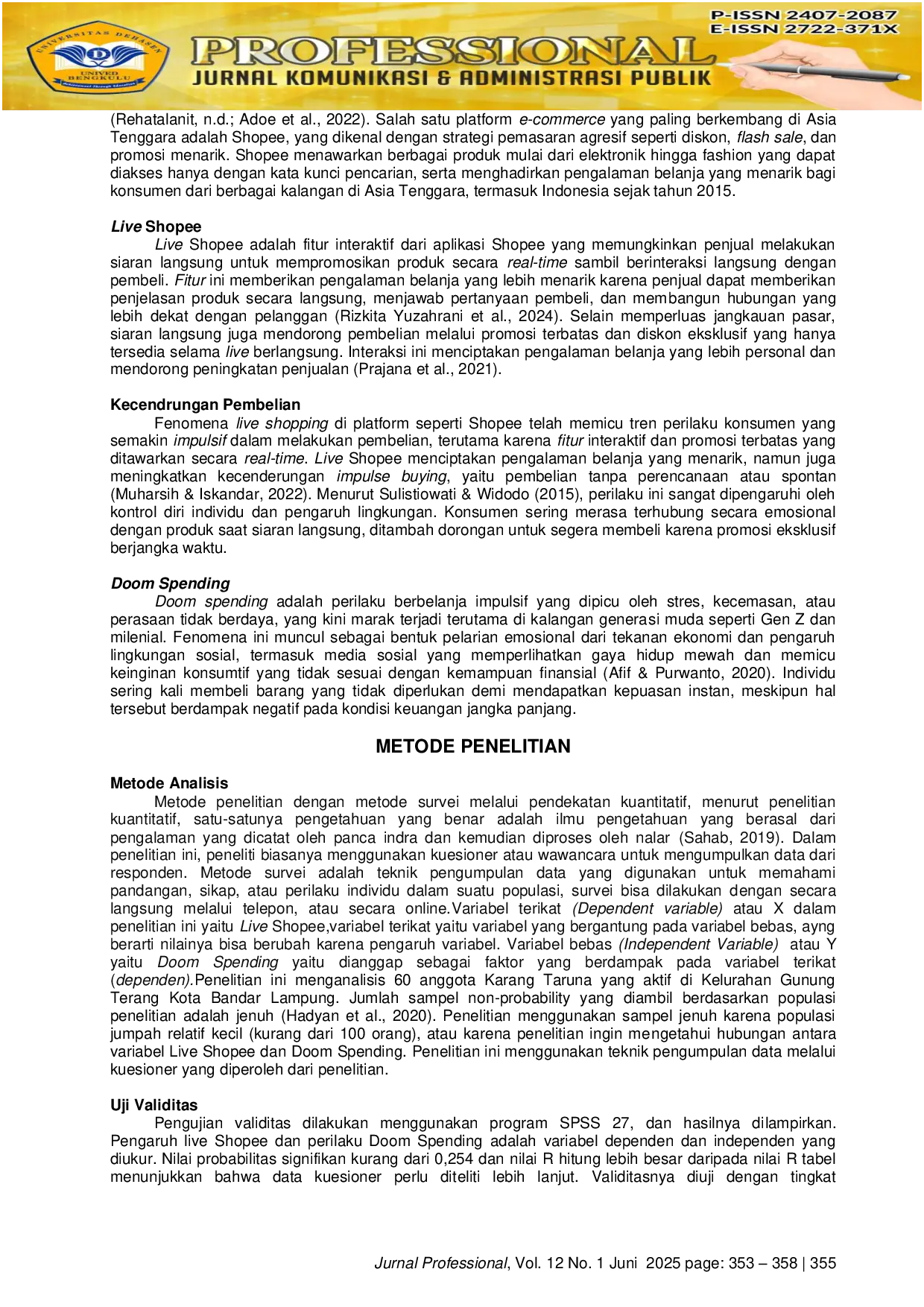 JURIS Pengaruh Live Shopee Terhadap Doom Spending Anggota Karang Taruna Kelurahan Gunung Terang Bandar Lampung