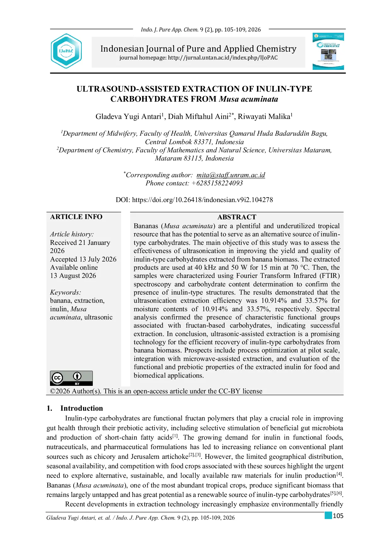JURIS ULTRASOUND ASSISTED EXTRACTION OF INULIN TYPE CARBOHYDRATES FROM Musa acuminata