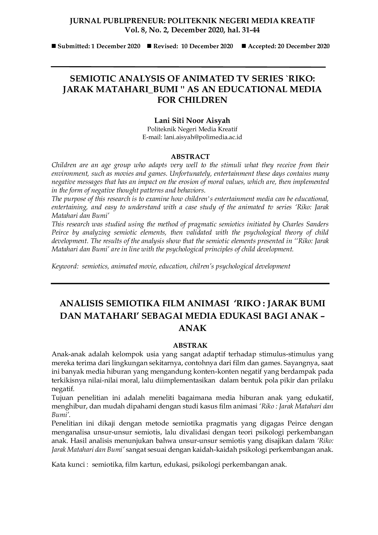 JURIS Analisis Semiotika Film Animasi Riko Jarak Bumi dan Matahari Sebagai Media Edukasi Bagi Anak Anak